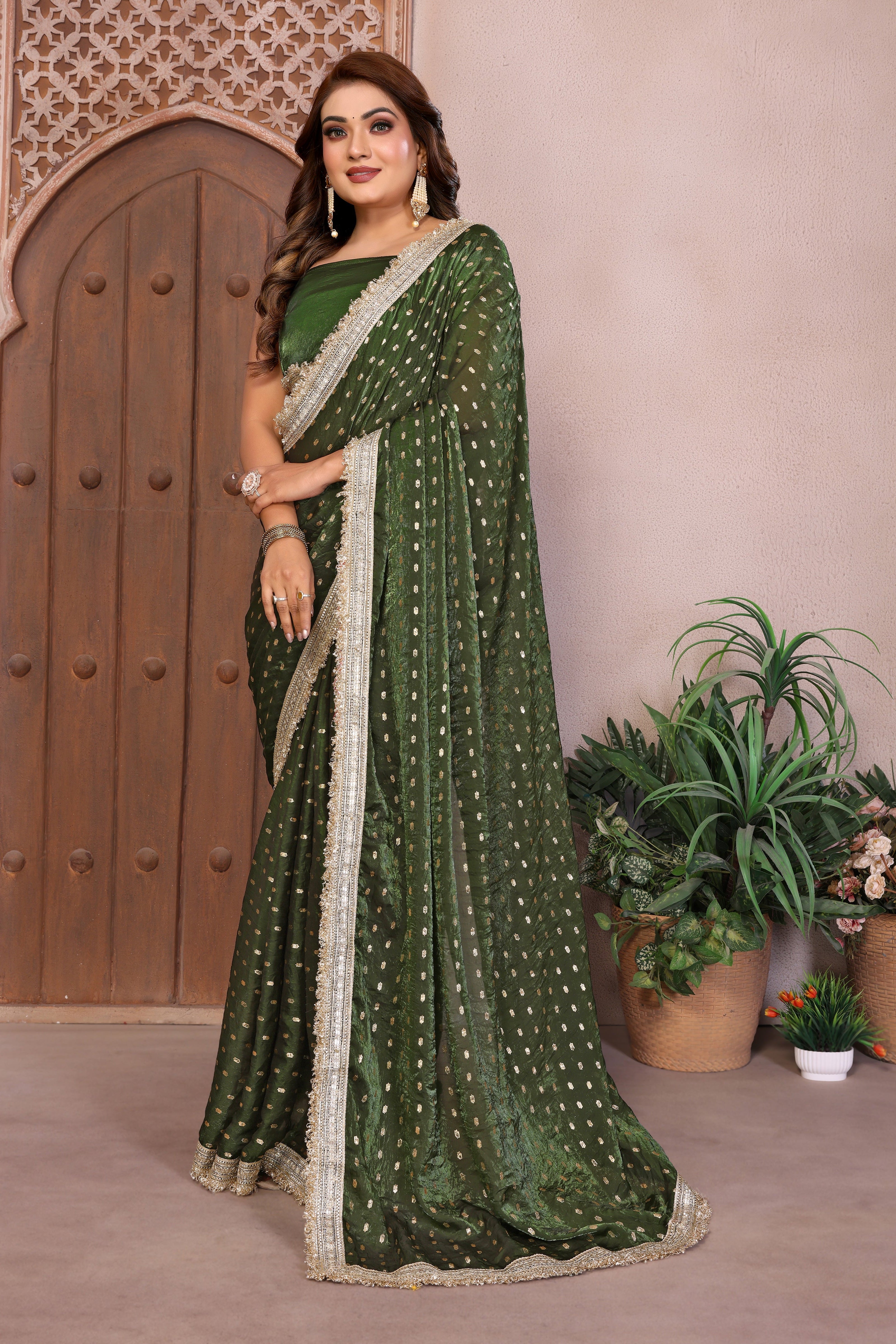 Silk Satin (Fendi) Saree with Foil Butti Work and Designer Lace Border