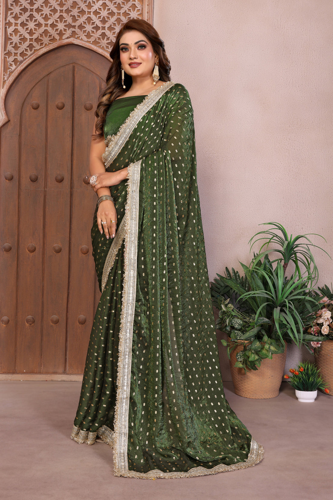 Silk Satin (Fendi) Saree with Foil Butti Work and Designer Lace Border