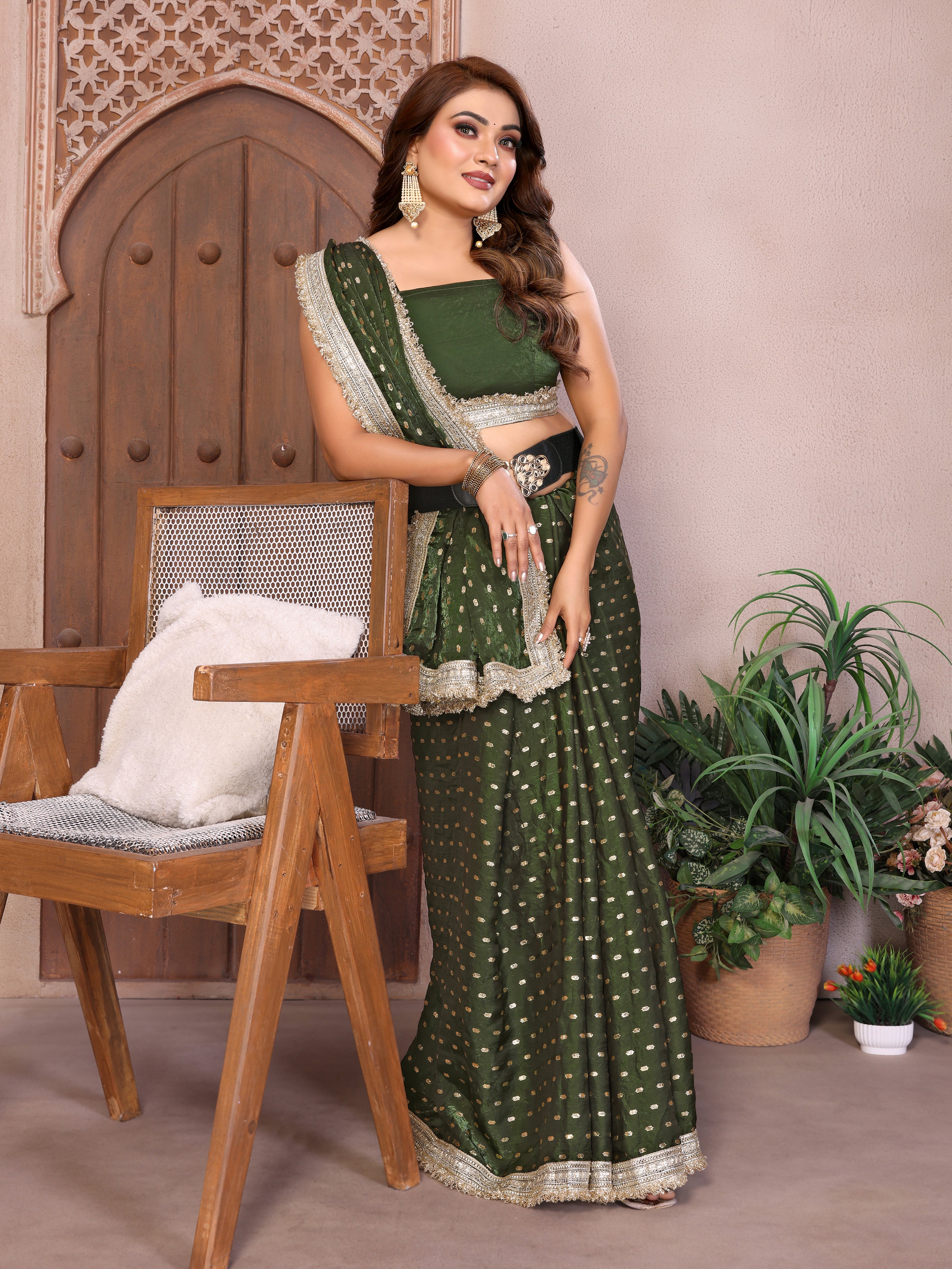 Silk Satin (Fendi) Saree with Foil Butti Work and Designer Lace Border