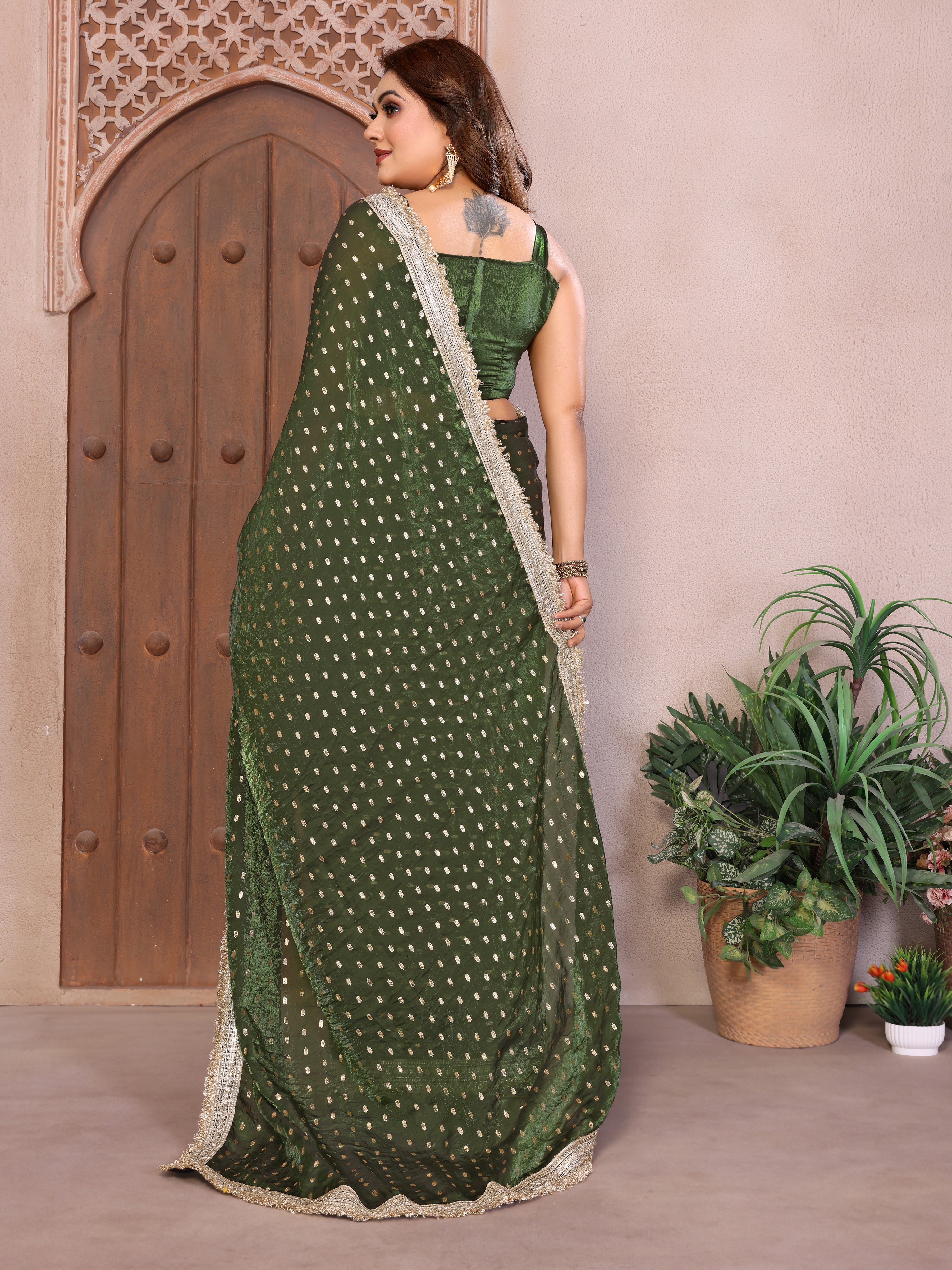 Silk Satin (Fendi) Saree with Foil Butti Work and Designer Lace Border