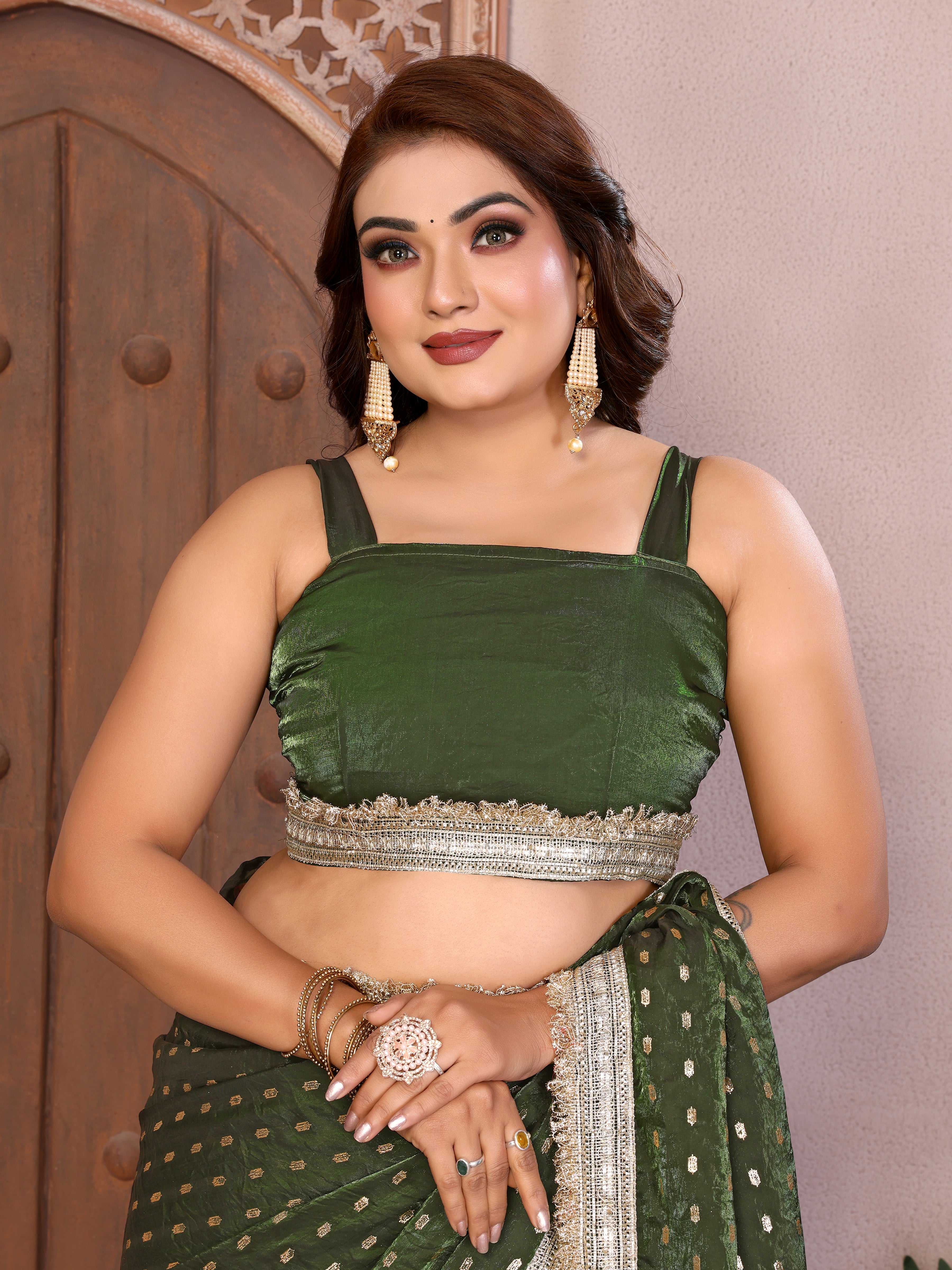 Silk Satin (Fendi) Saree with Foil Butti Work and Designer Lace Border