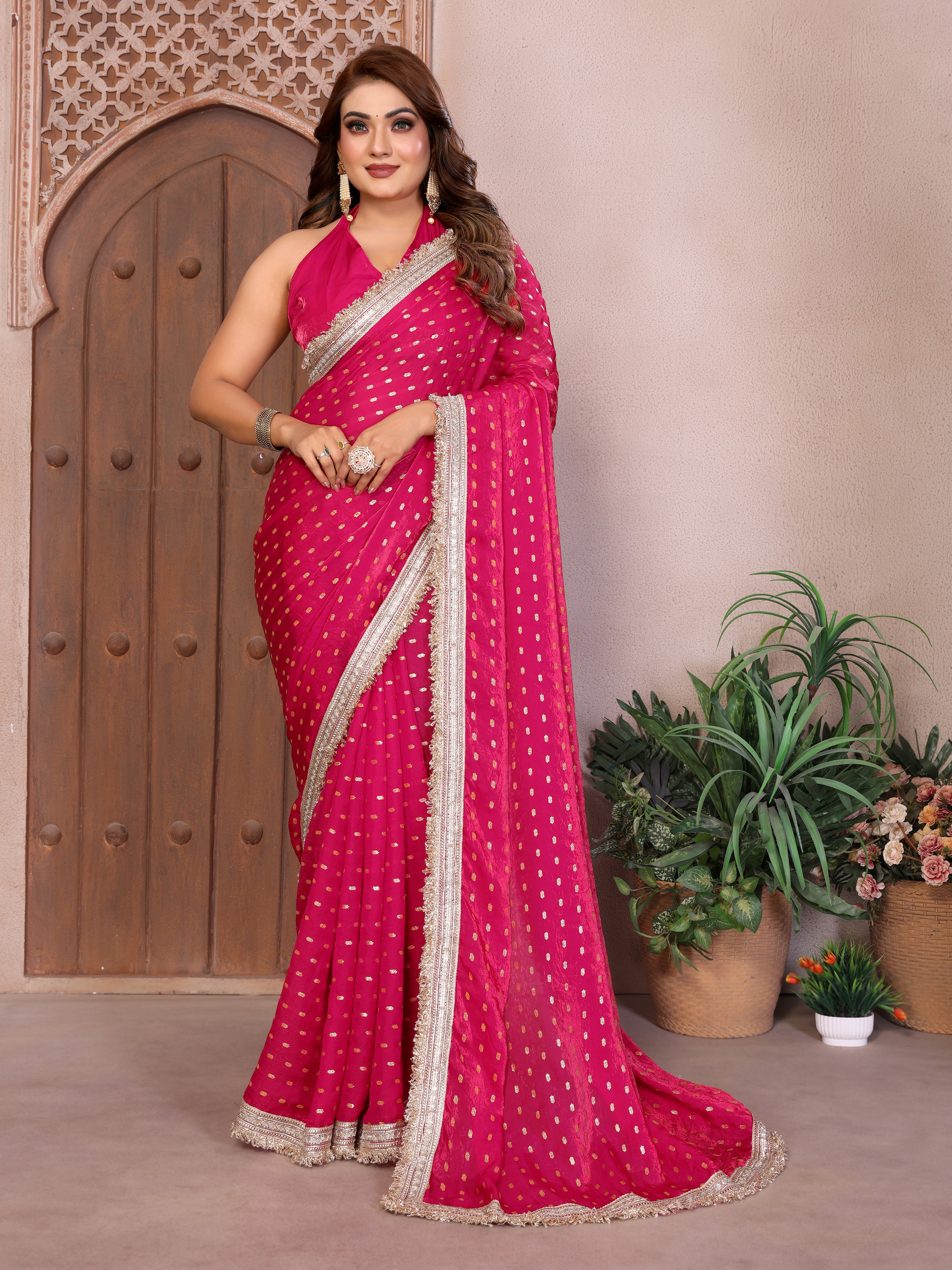Silk Satin (Fendi) Saree with Foil Butti Work and Designer Lace Border