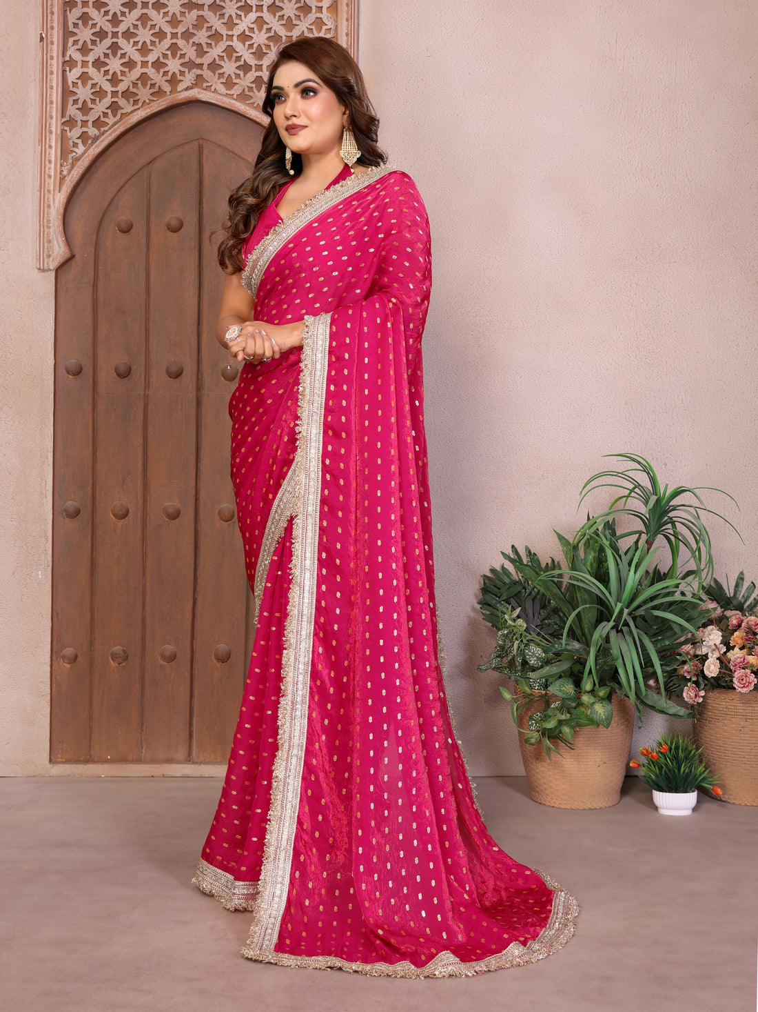 Silk Satin (Fendi) Saree with Foil Butti Work and Designer Lace Border