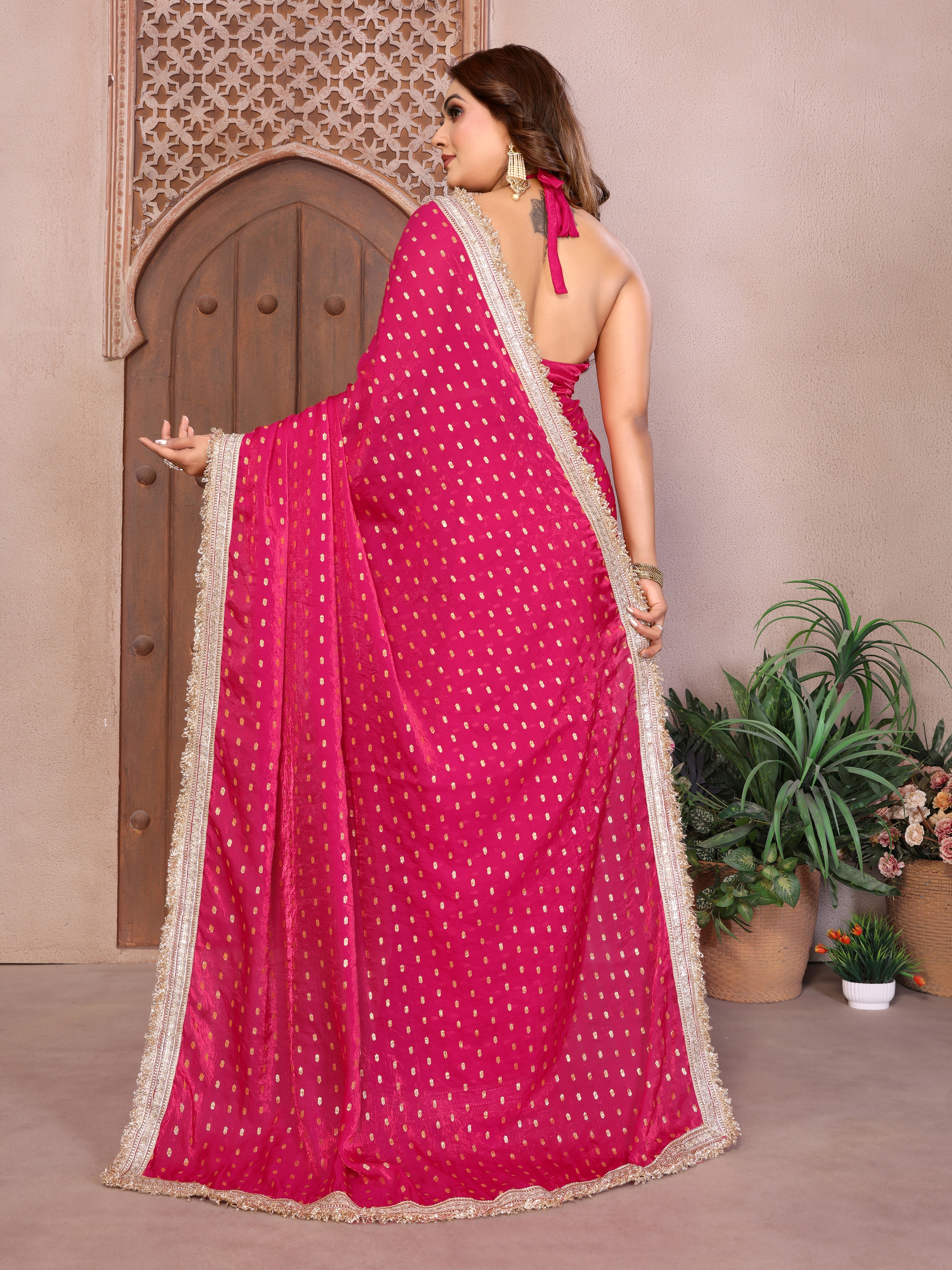 Silk Satin (Fendi) Saree with Foil Butti Work and Designer Lace Border