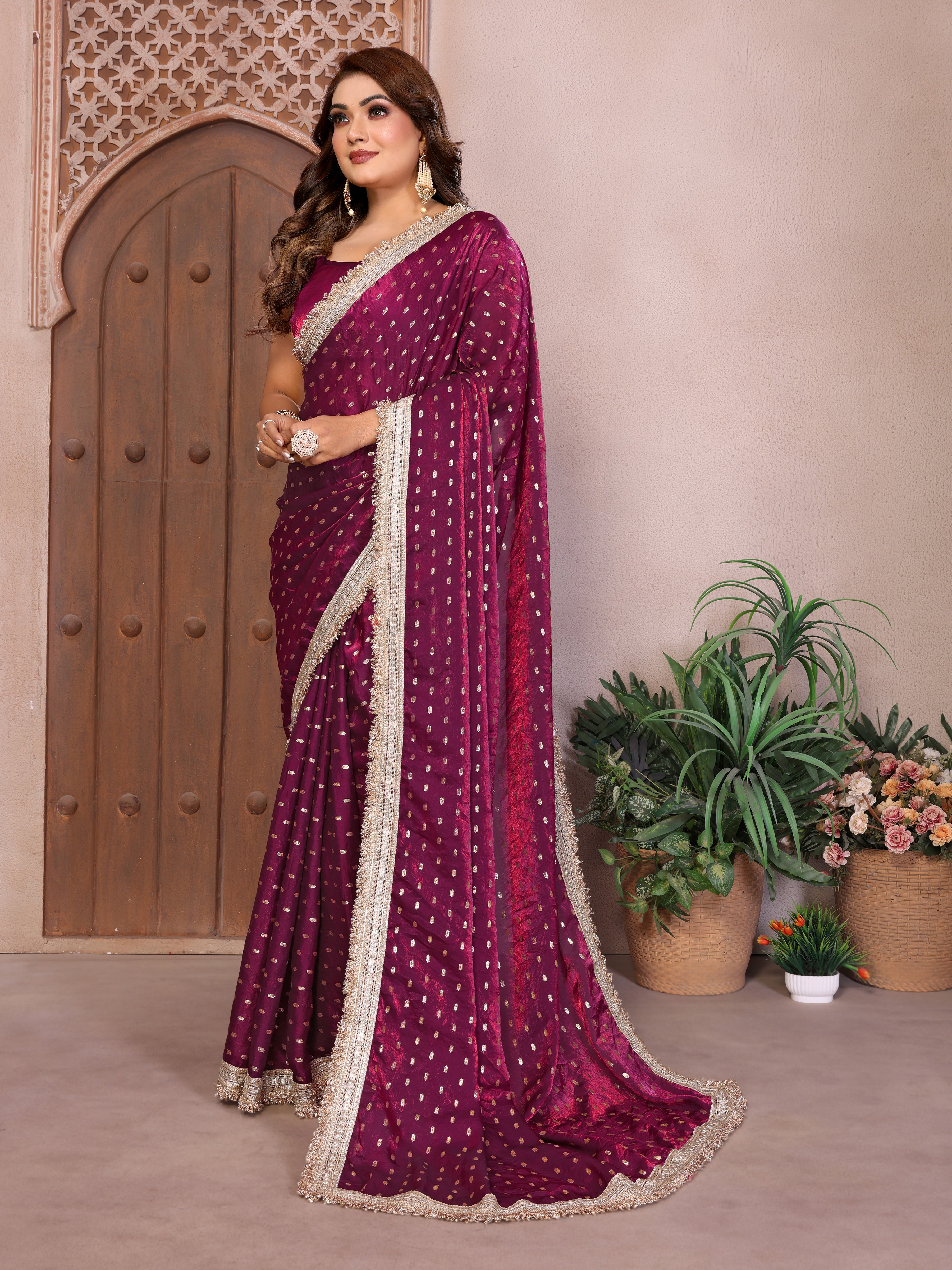 Silk Satin (Fendi) Saree with Foil Butti Work and Designer Lace Border