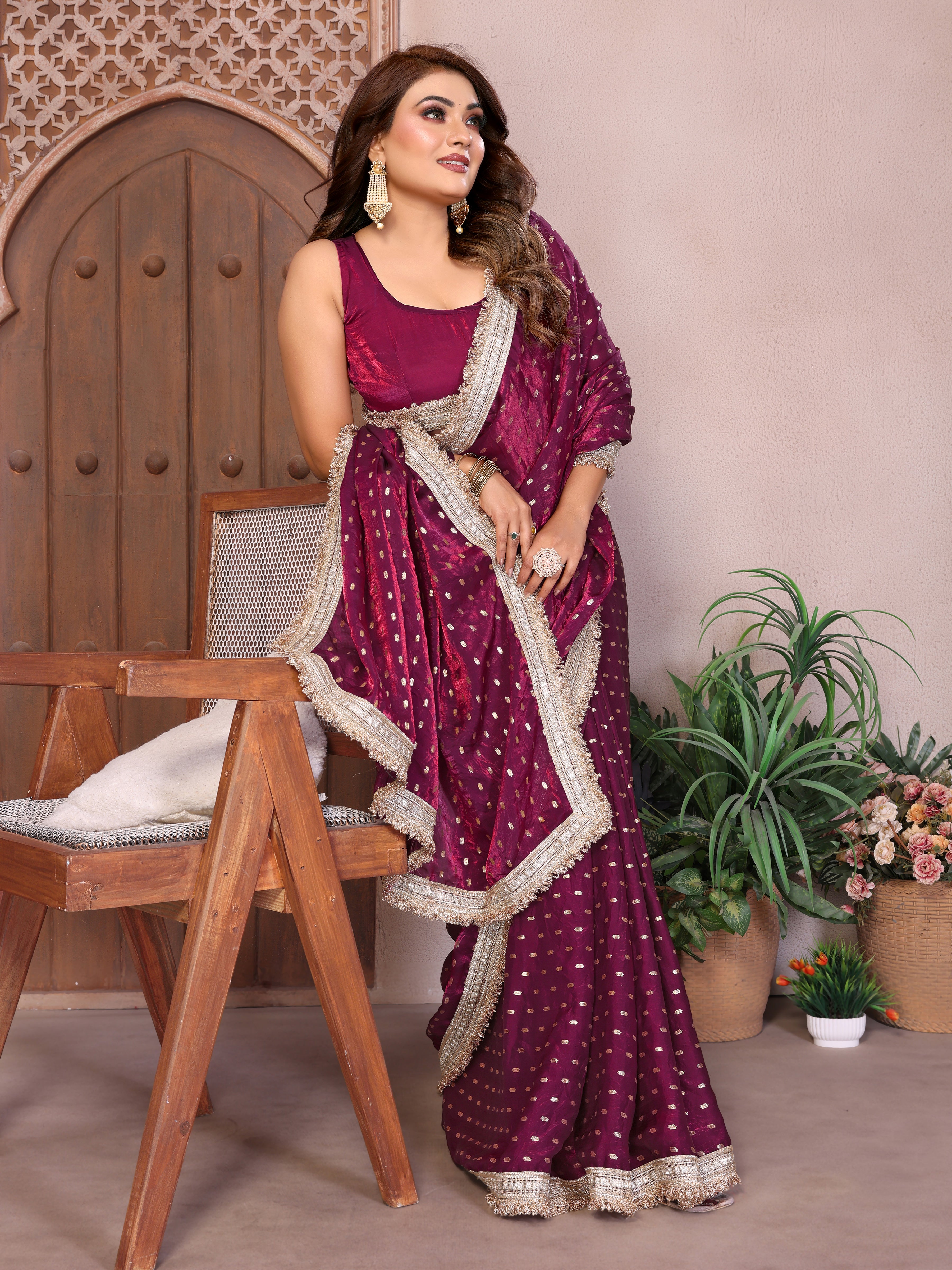 Silk Satin (Fendi) Saree with Foil Butti Work and Designer Lace Border