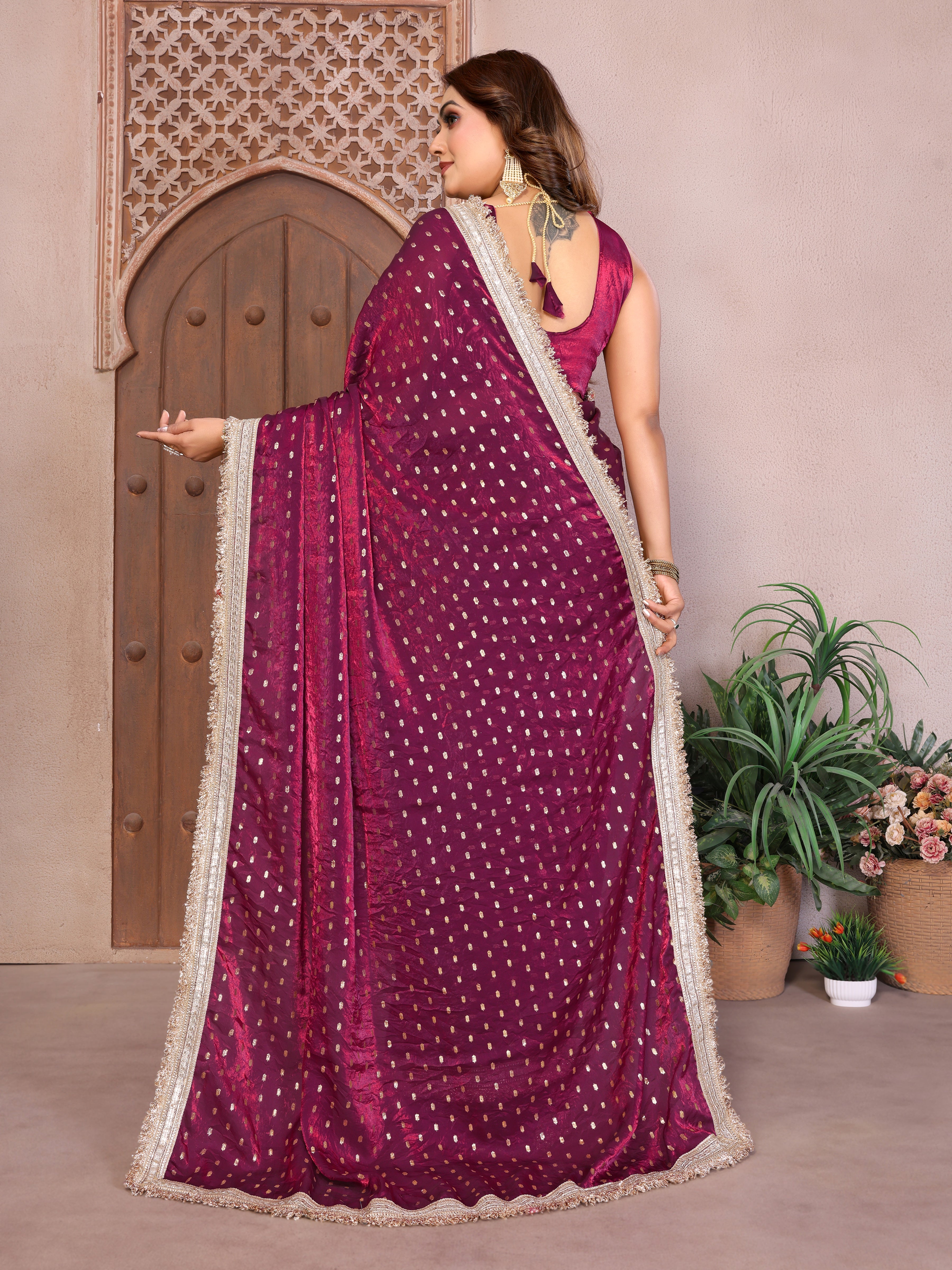 Silk Satin (Fendi) Saree with Foil Butti Work and Designer Lace Border