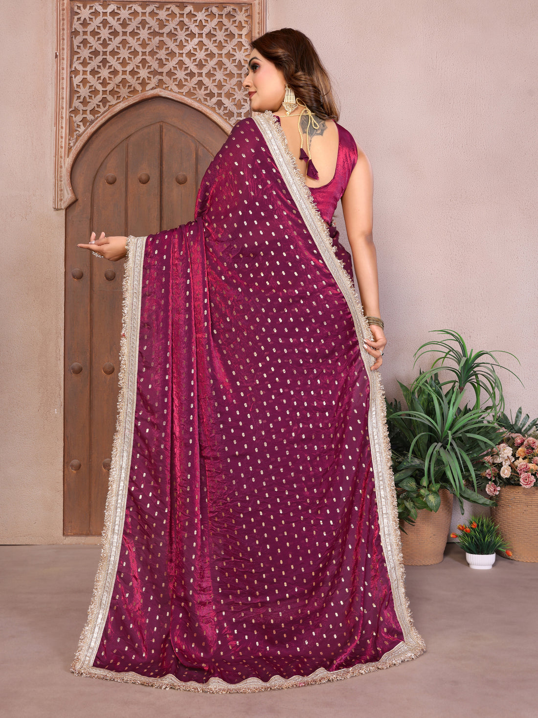 Silk Satin (Fendi) Saree with Foil Butti Work and Designer Lace Border