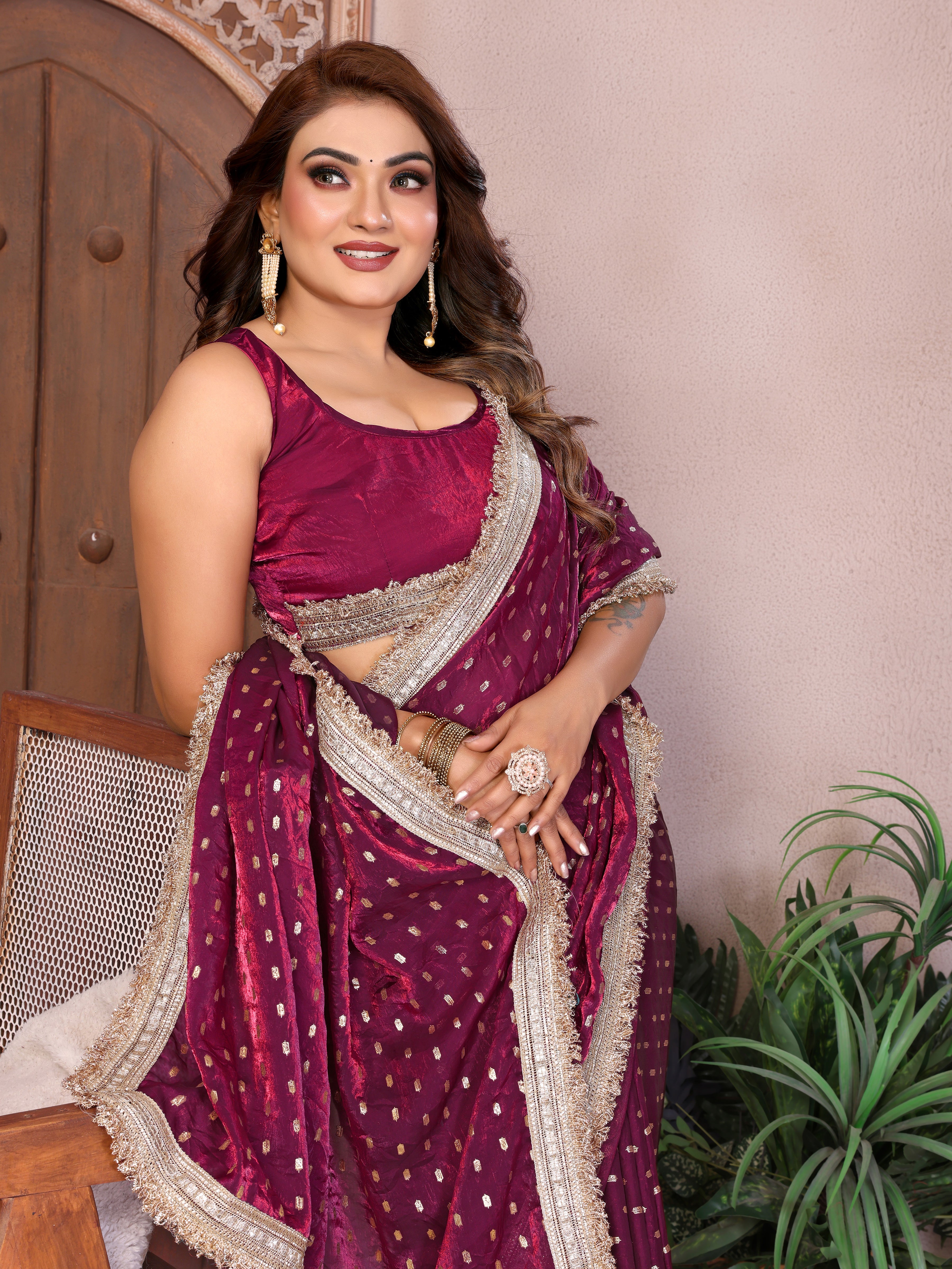 Silk Satin (Fendi) Saree with Foil Butti Work and Designer Lace Border