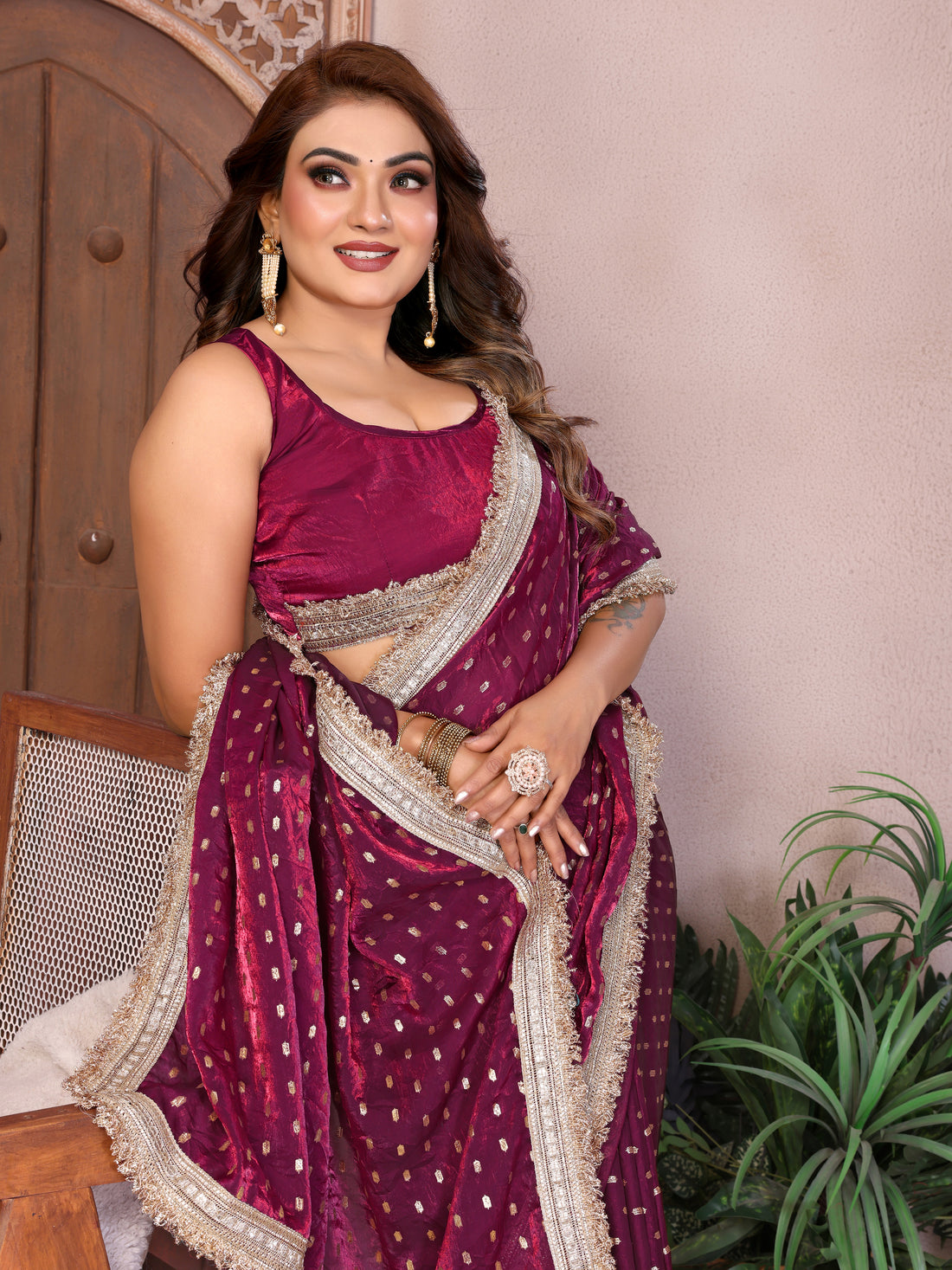Silk Satin (Fendi) Saree with Foil Butti Work and Designer Lace Border