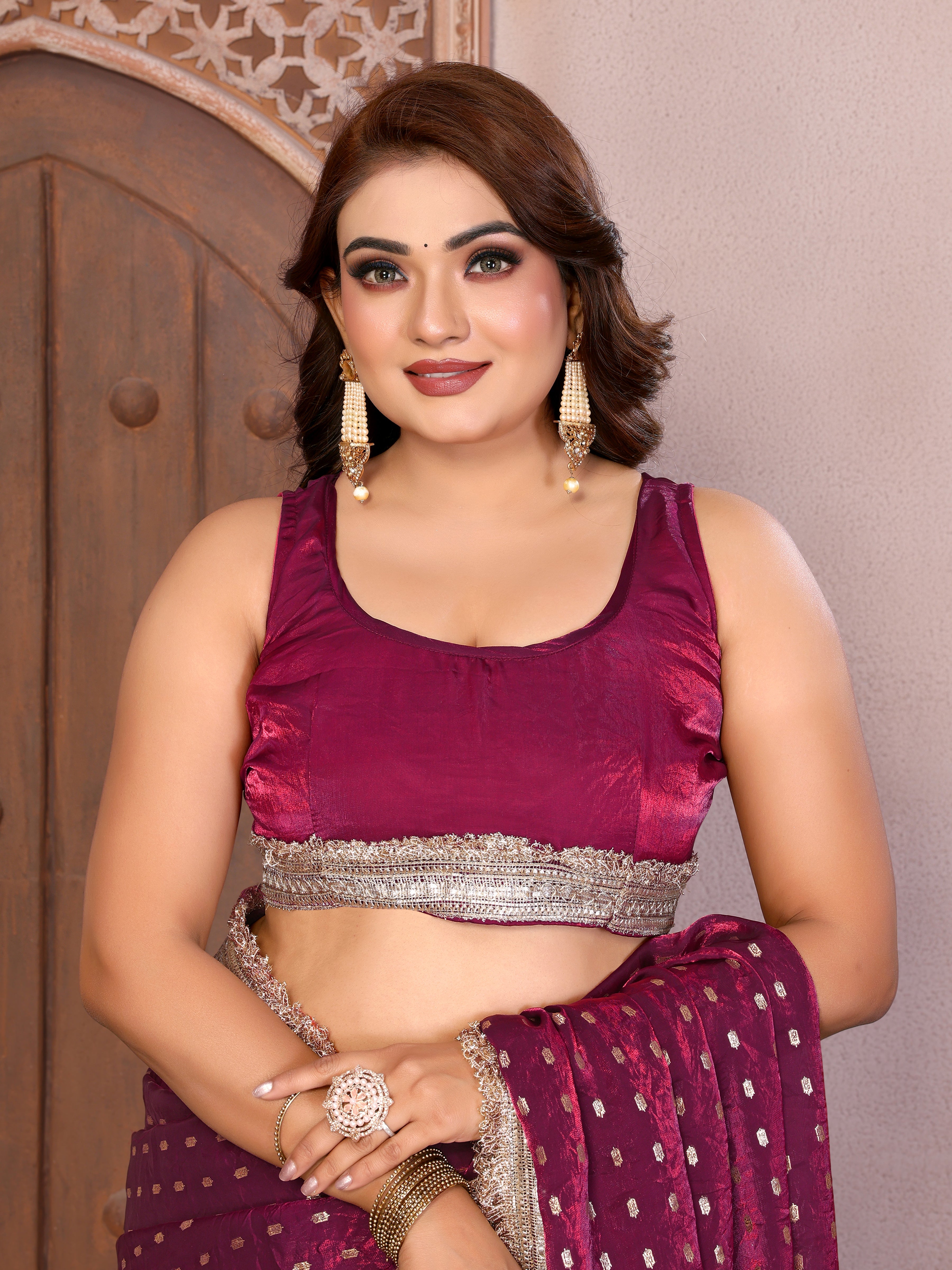 Silk Satin (Fendi) Saree with Foil Butti Work and Designer Lace Border