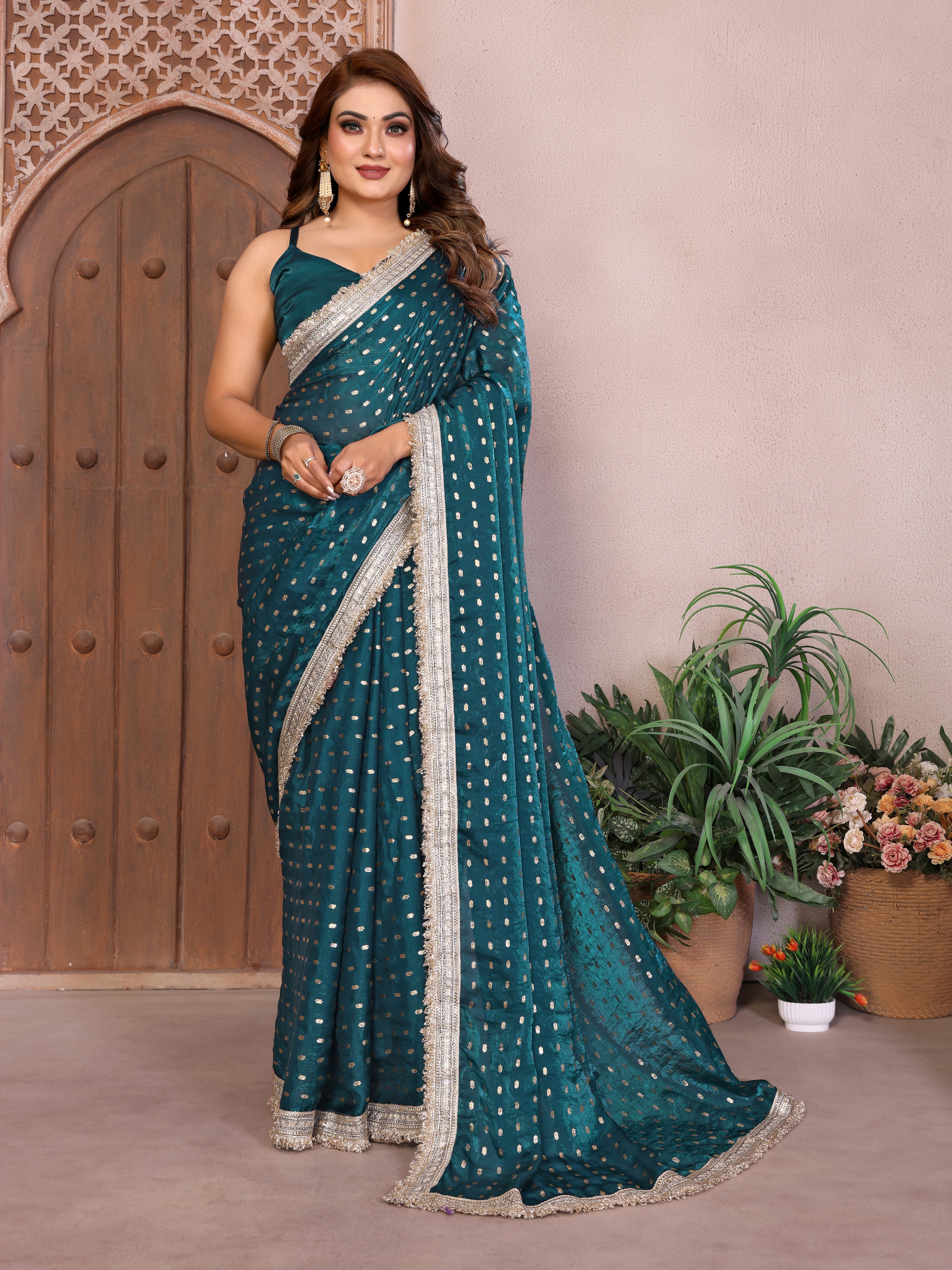 Silk Satin (Fendi) Saree with Foil Butti Work and Designer Lace Border