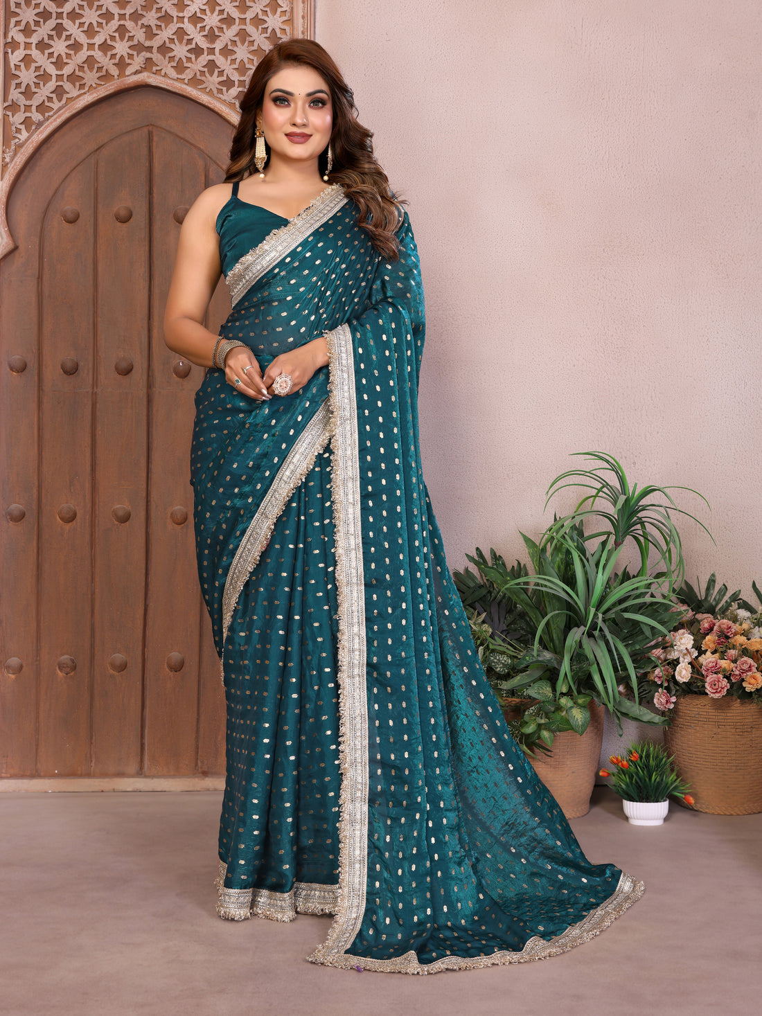 Silk Satin (Fendi) Saree with Foil Butti Work and Designer Lace Border
