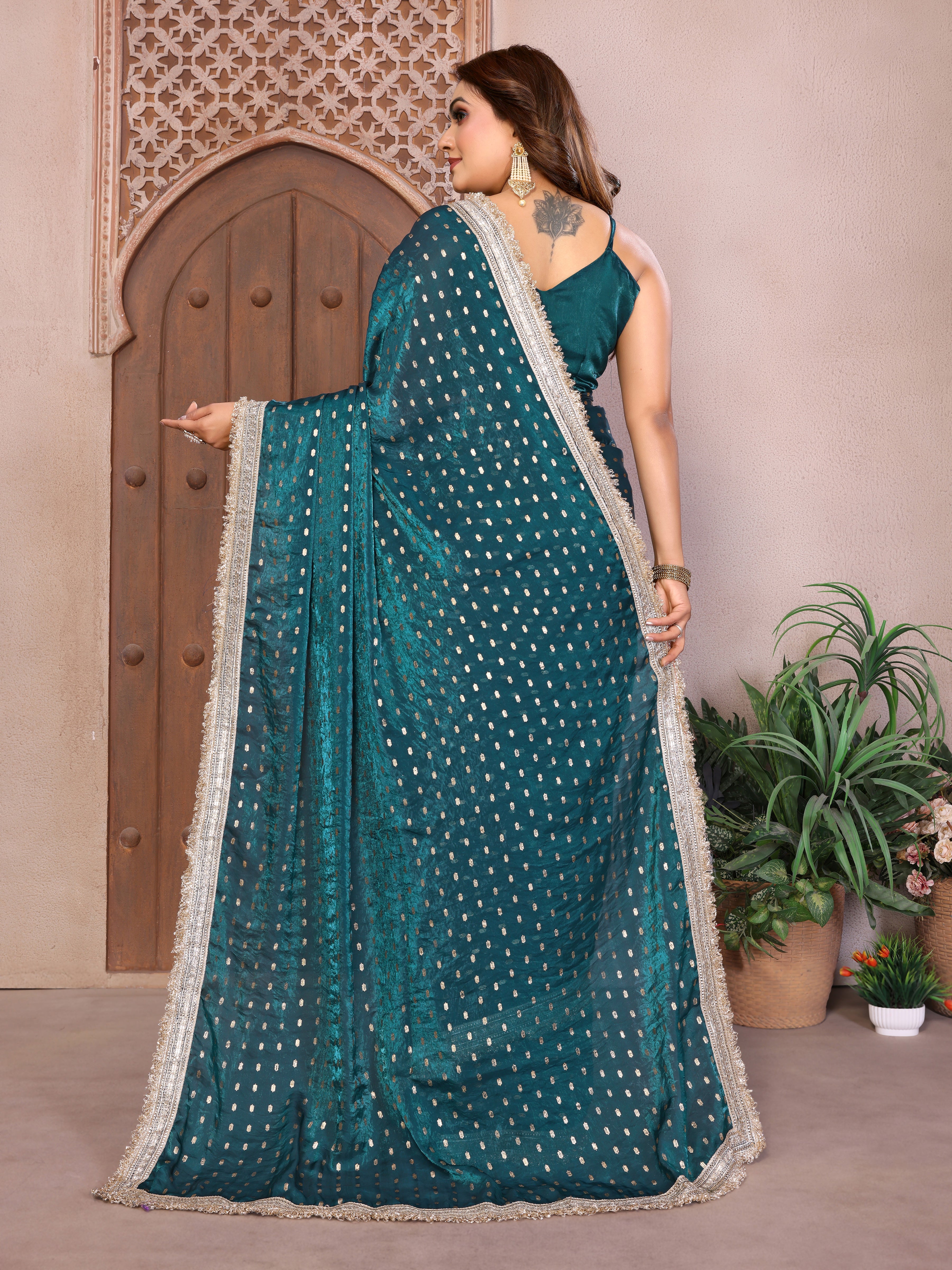 Silk Satin (Fendi) Saree with Foil Butti Work and Designer Lace Border