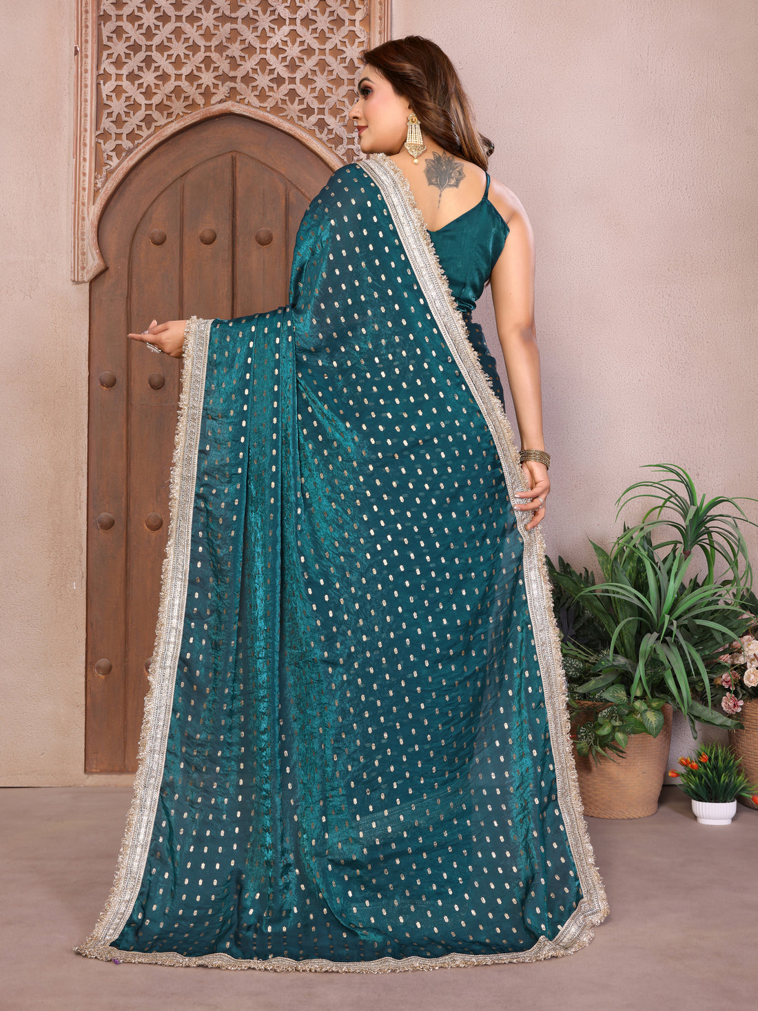 Silk Satin (Fendi) Saree with Foil Butti Work and Designer Lace Border