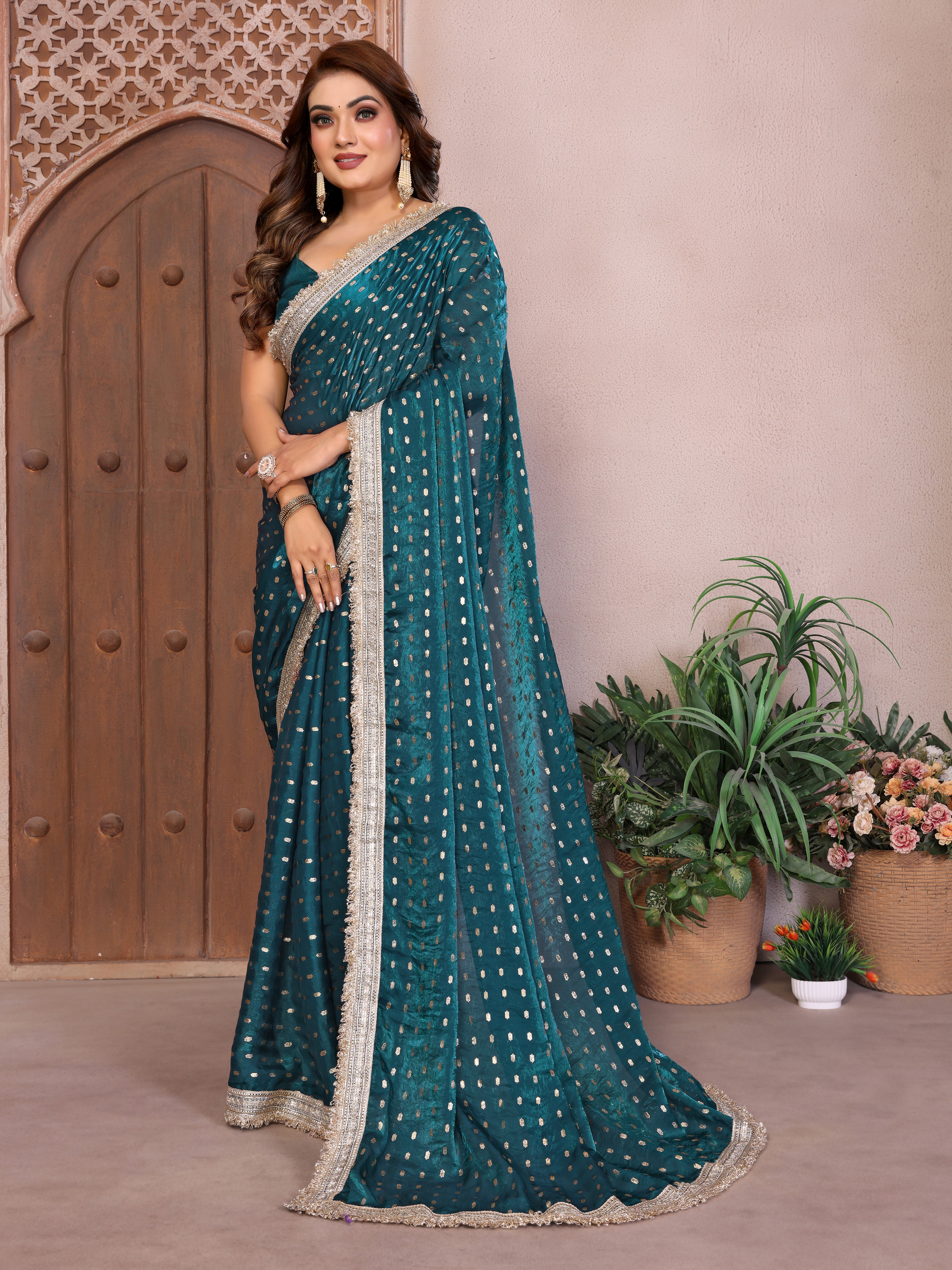 Silk Satin (Fendi) Saree with Foil Butti Work and Designer Lace Border
