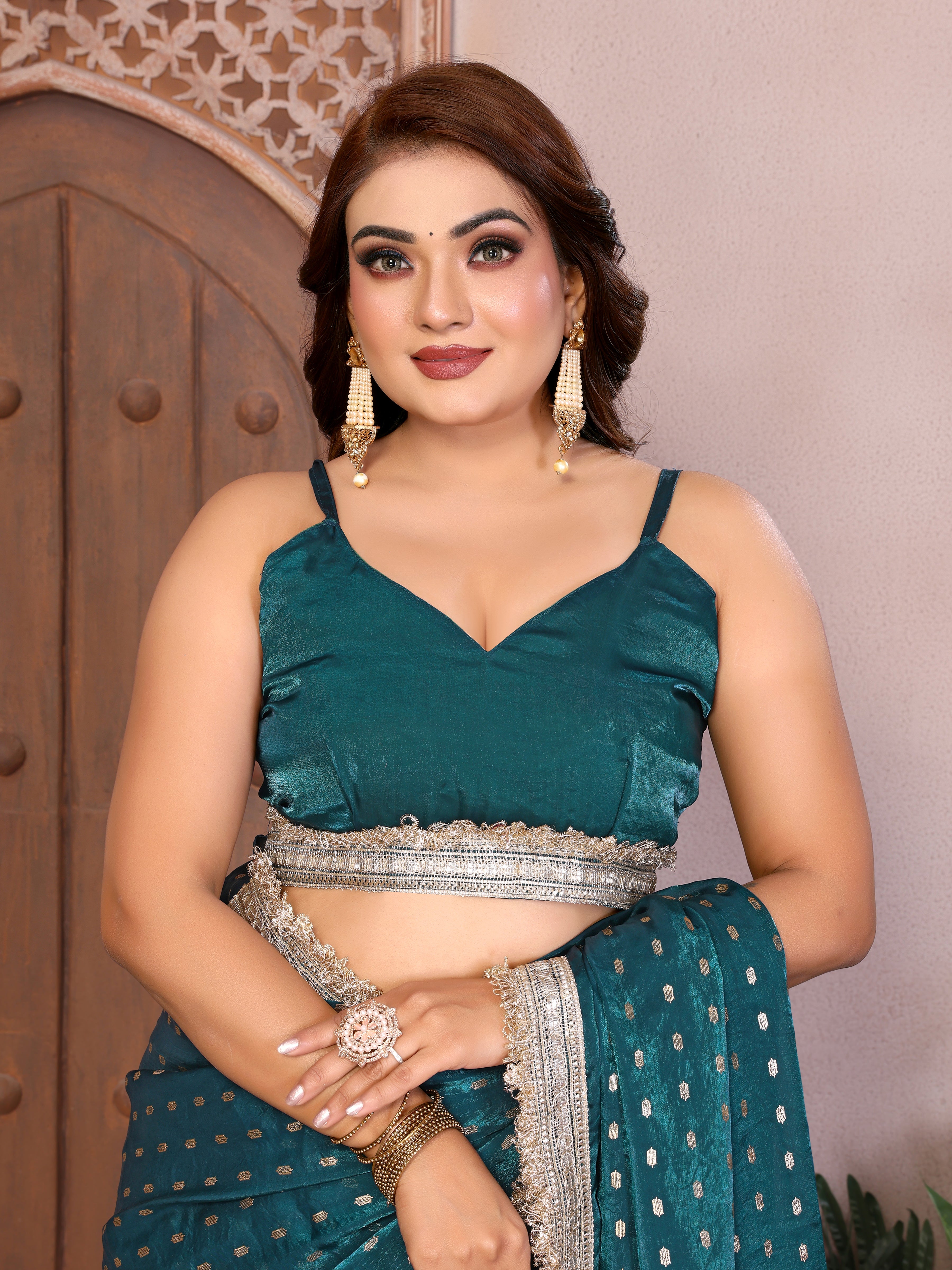 Silk Satin (Fendi) Saree with Foil Butti Work and Designer Lace Border