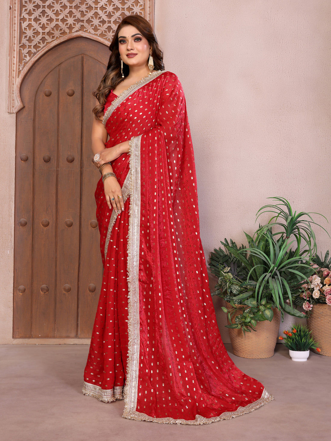 Silk Satin (Fendi) Saree with Foil Butti Work and Designer Lace Border