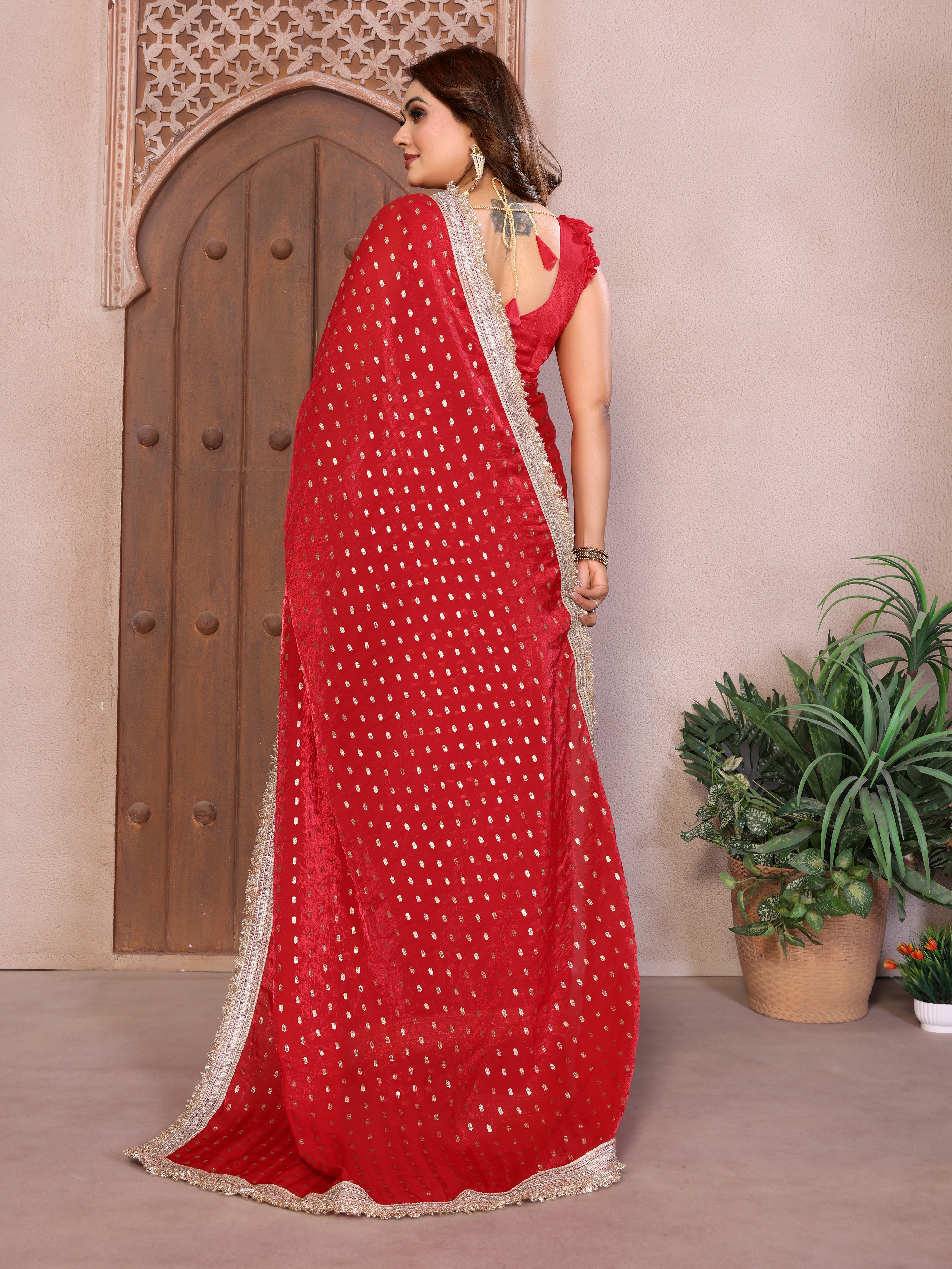 Silk Satin (Fendi) Saree with Foil Butti Work and Designer Lace Border