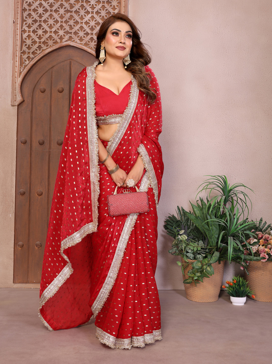 Silk Satin (Fendi) Saree with Foil Butti Work and Designer Lace Border