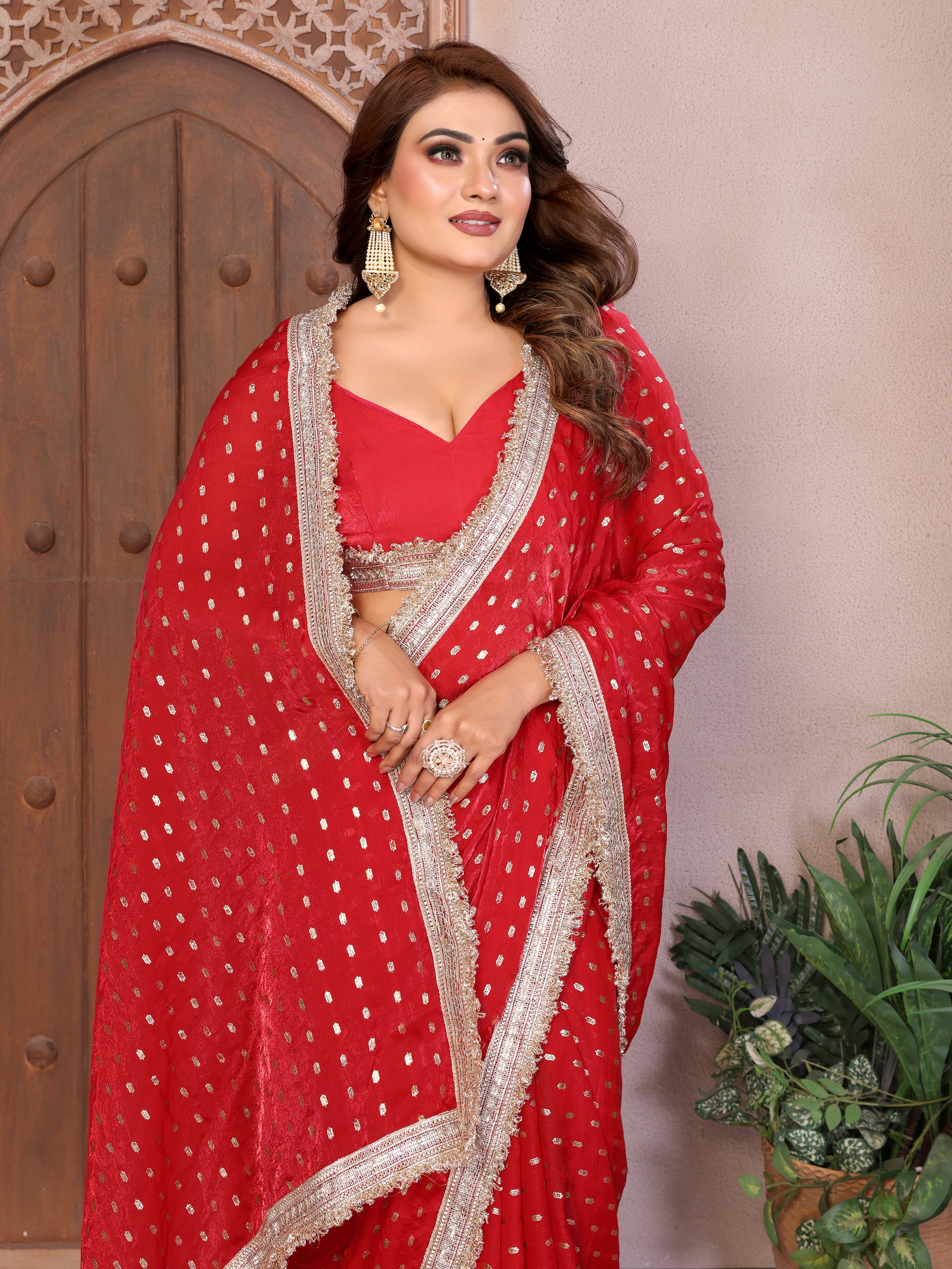 Silk Satin (Fendi) Saree with Foil Butti Work and Designer Lace Border