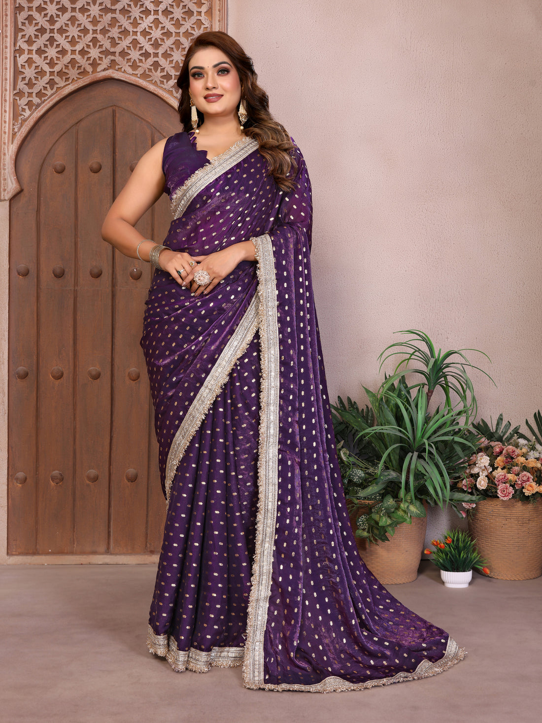 Silk Satin (Fendi) Saree with Foil Butti Work and Designer Lace Border