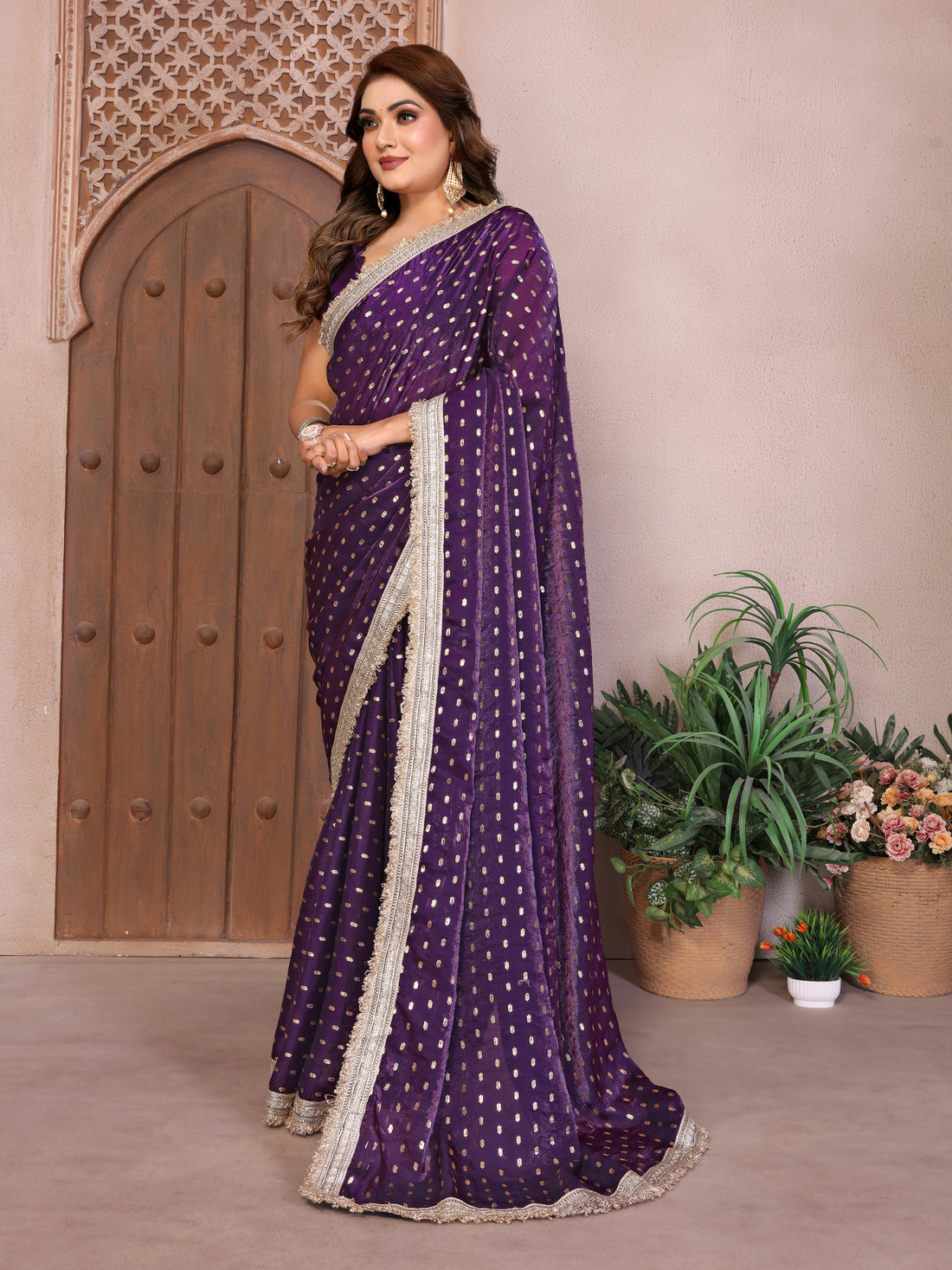 Silk Satin (Fendi) Saree with Foil Butti Work and Designer Lace Border