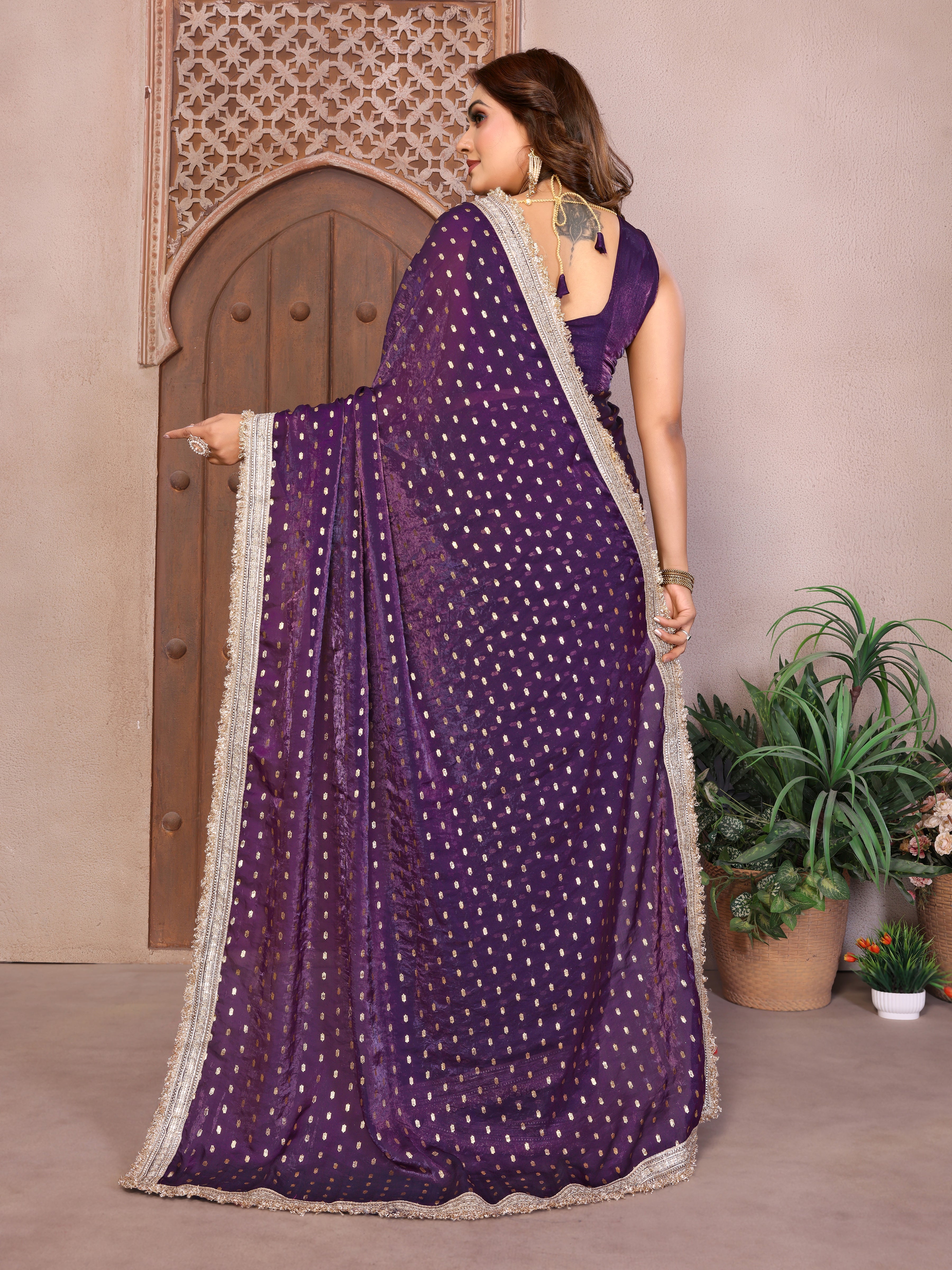Silk Satin (Fendi) Saree with Foil Butti Work and Designer Lace Border