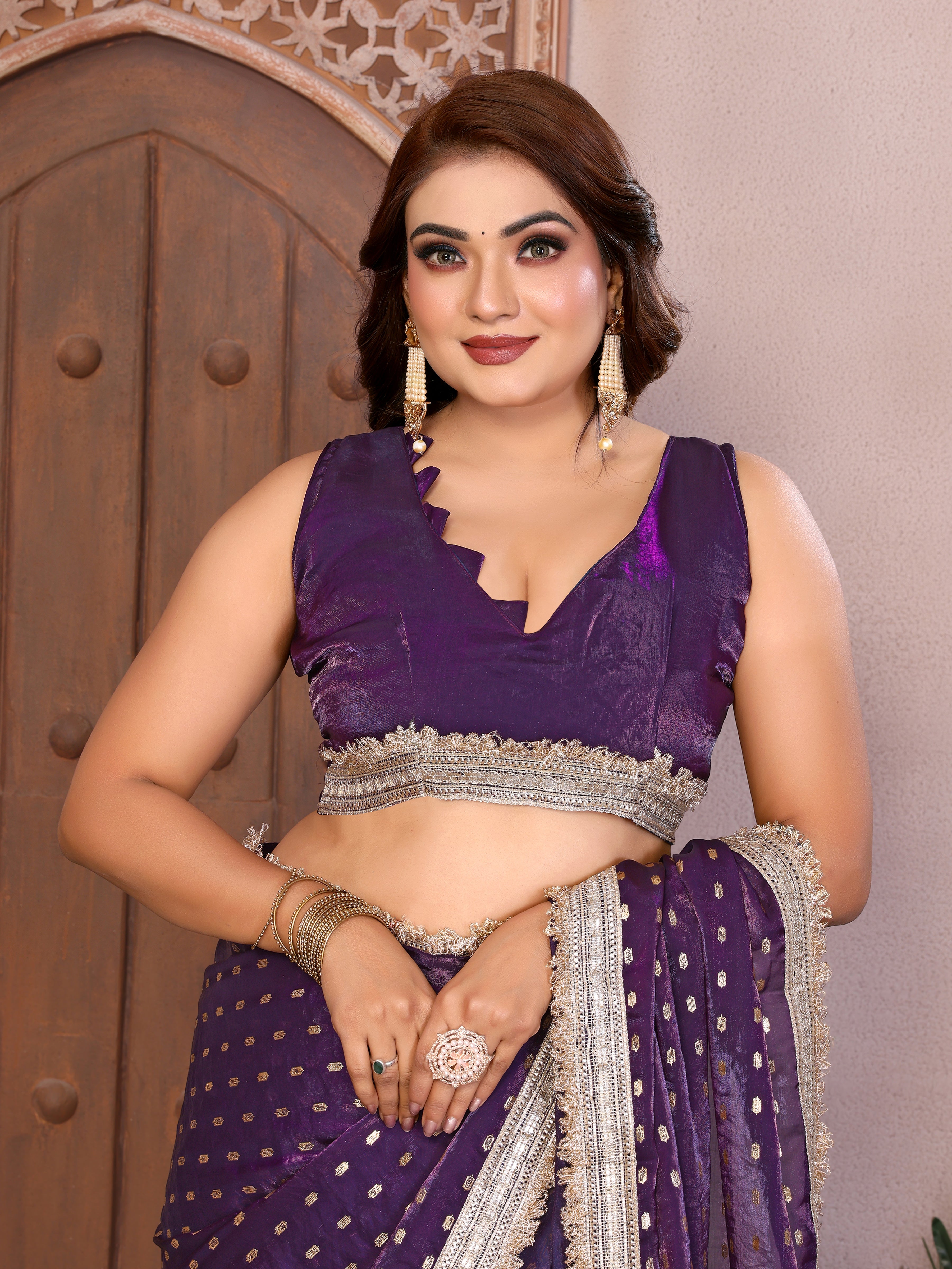 Silk Satin (Fendi) Saree with Foil Butti Work and Designer Lace Border