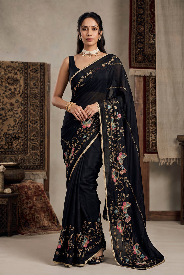 Star Georgette Saree with Floral Embroidery and Design