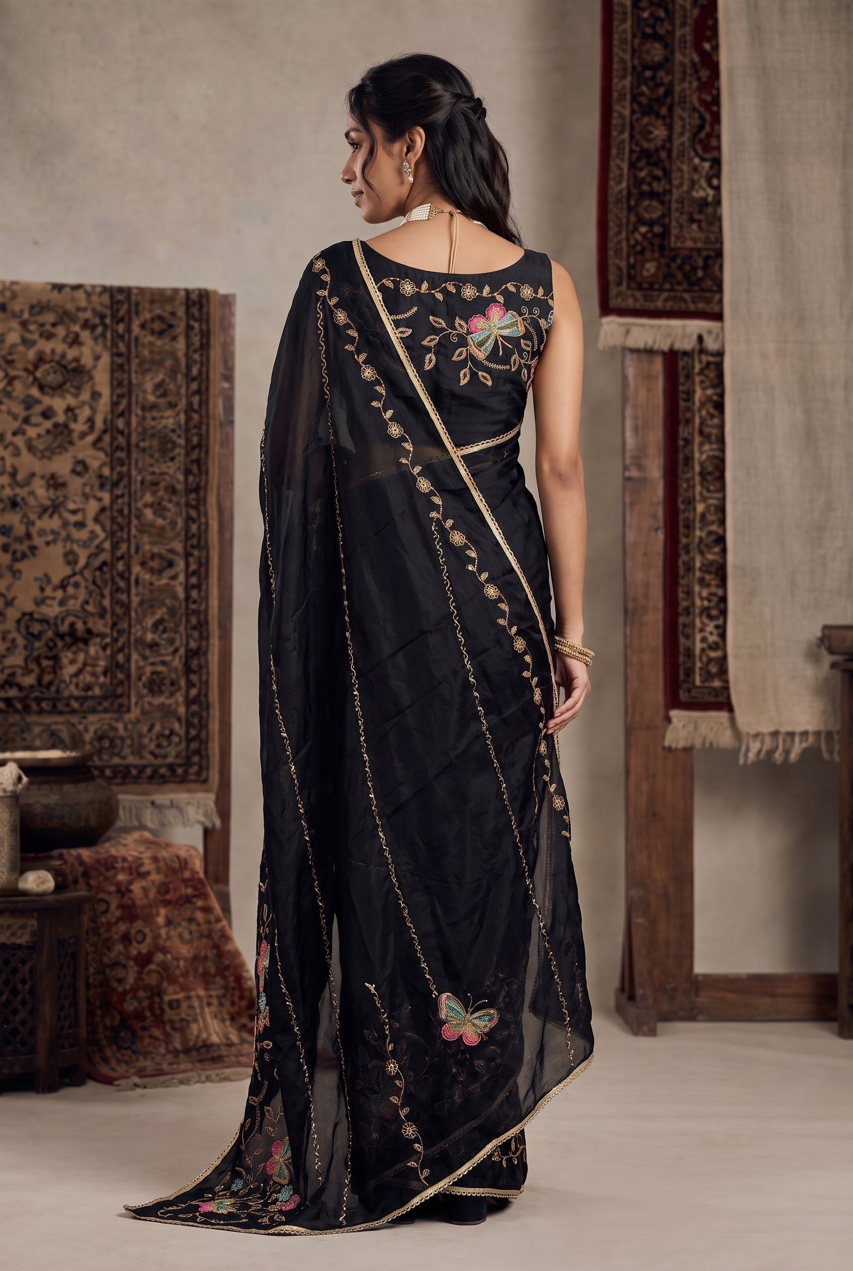 Star Georgette Saree with Floral Embroidery and Design
