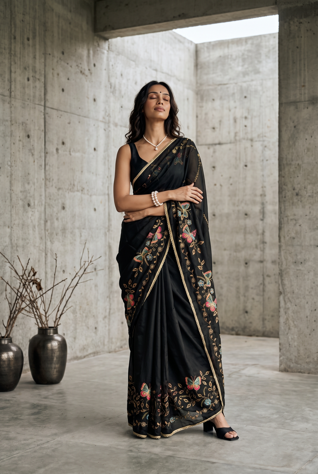Star Georgette Saree with Floral Embroidery and Design