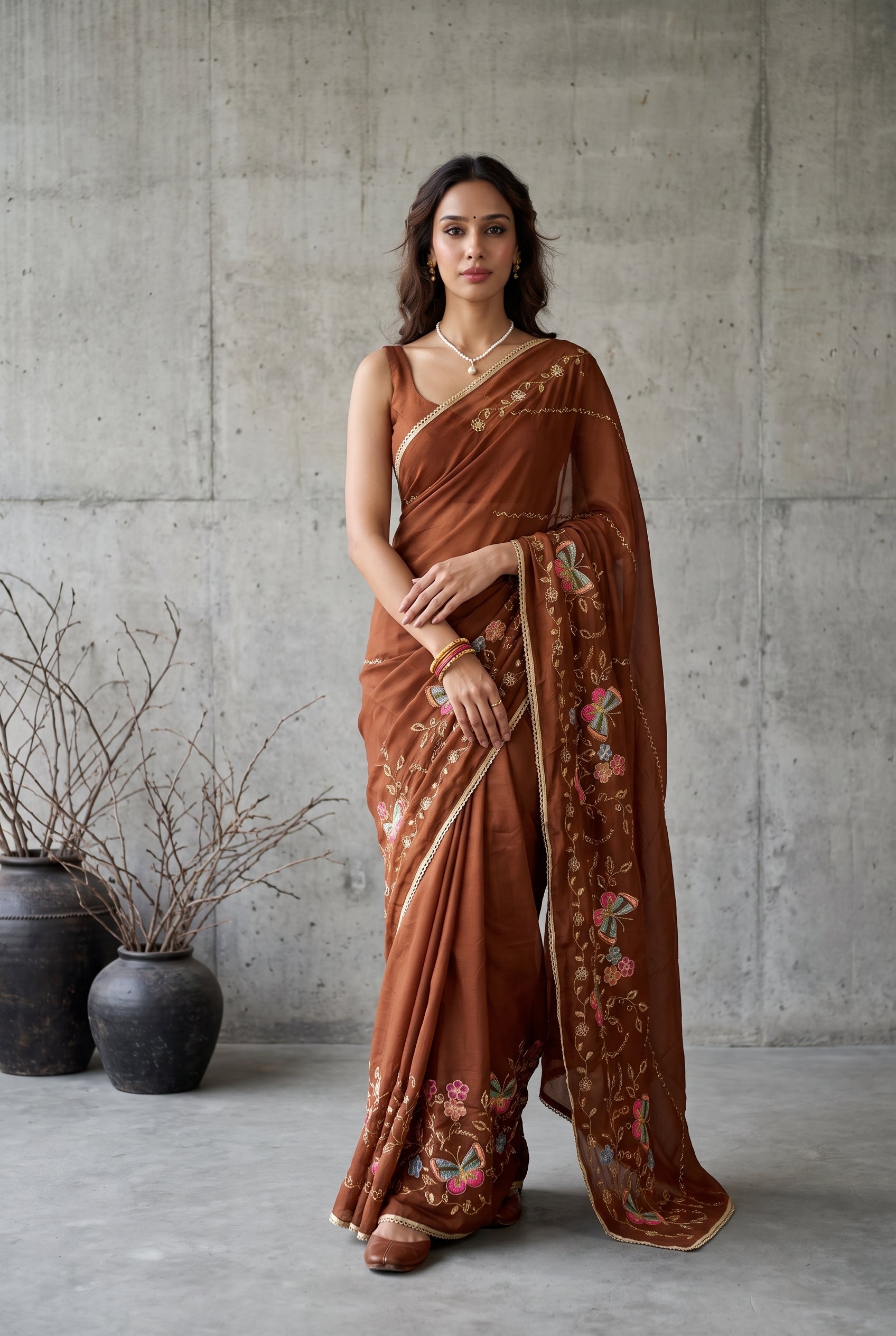Star Georgette Saree with Floral Embroidery and Design