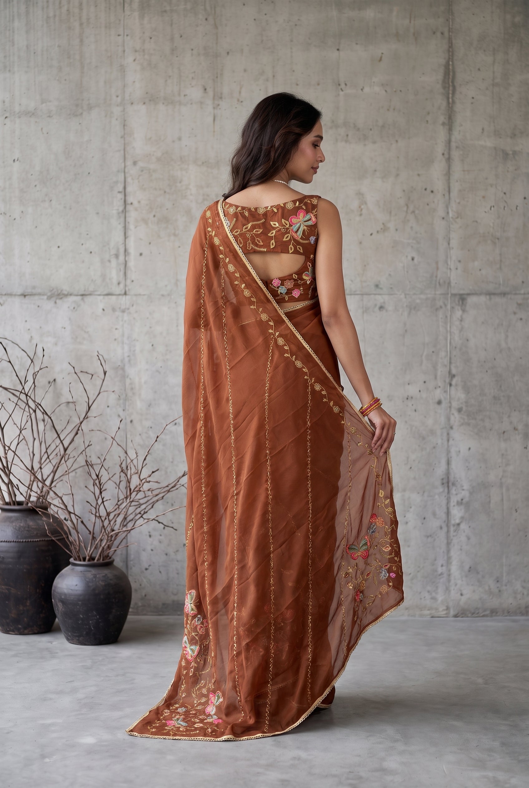 Star Georgette Saree with Floral Embroidery and Design