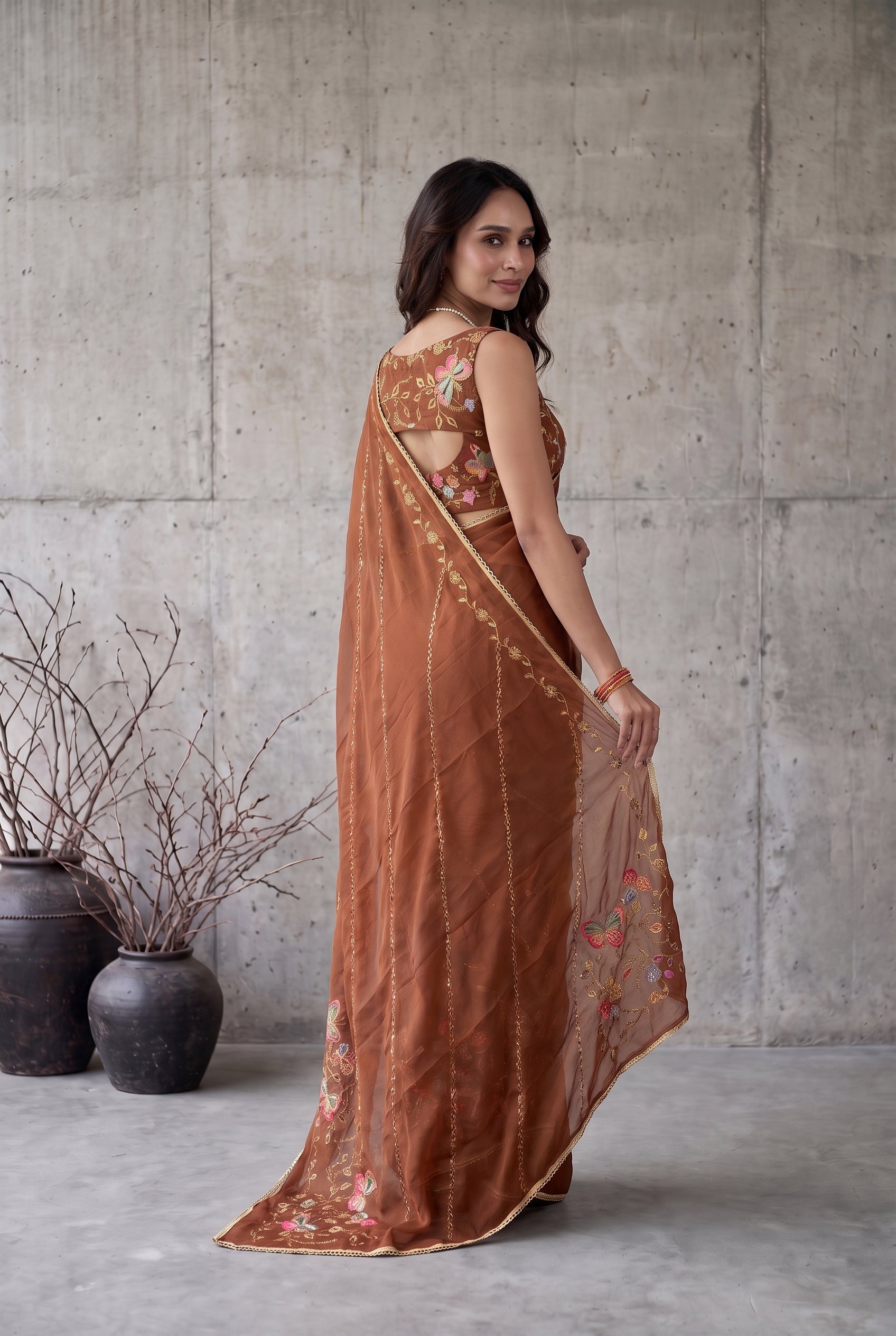 Star Georgette Saree with Floral Embroidery and Design
