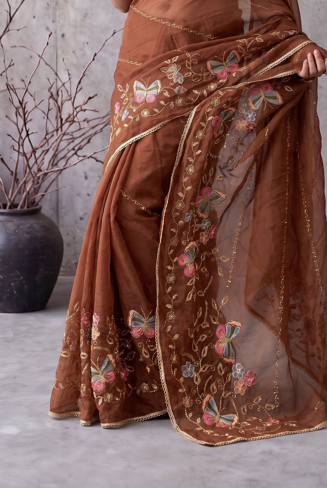 Star Georgette Saree with Floral Embroidery and Design