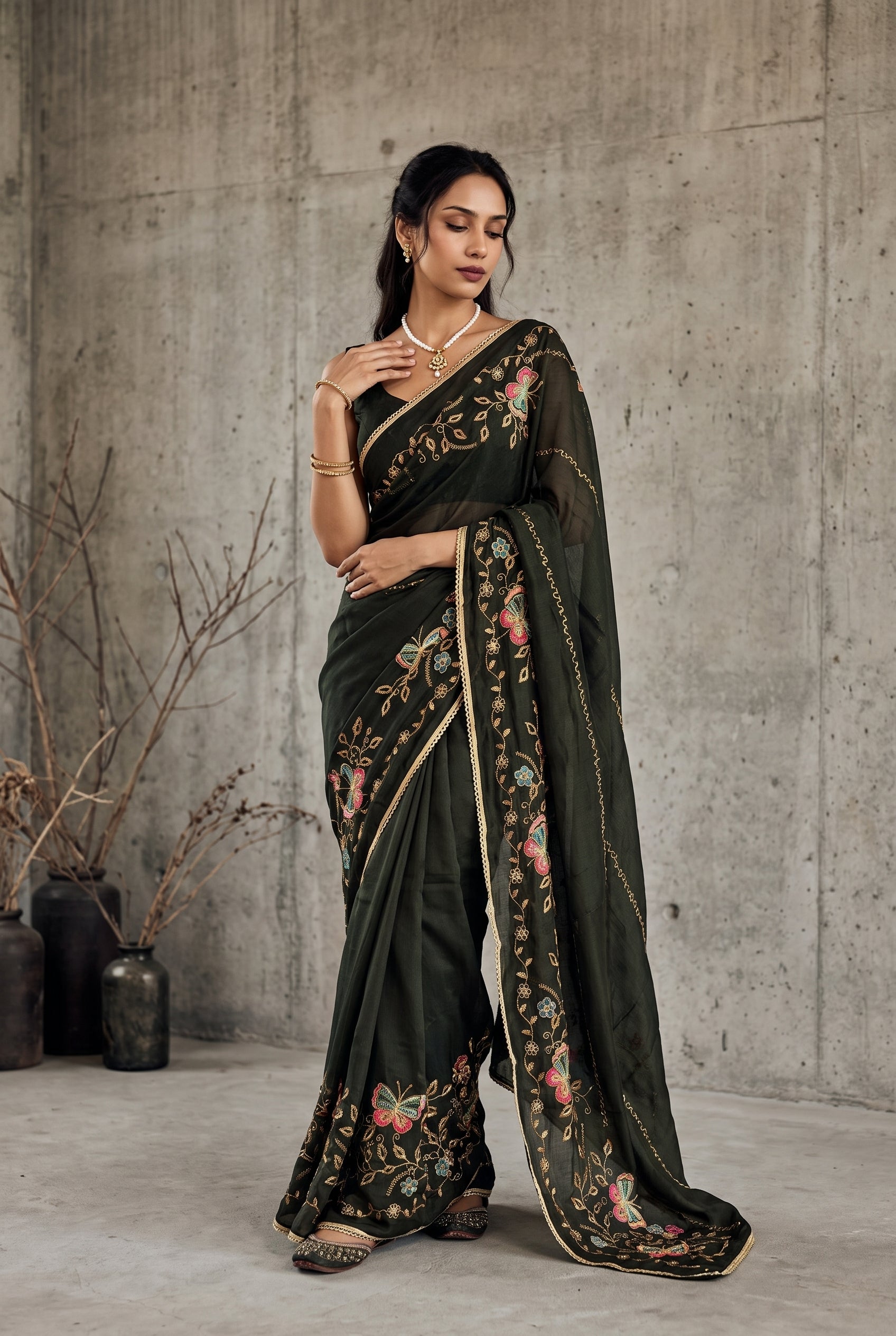 Star Georgette Saree with Floral Embroidery and Design