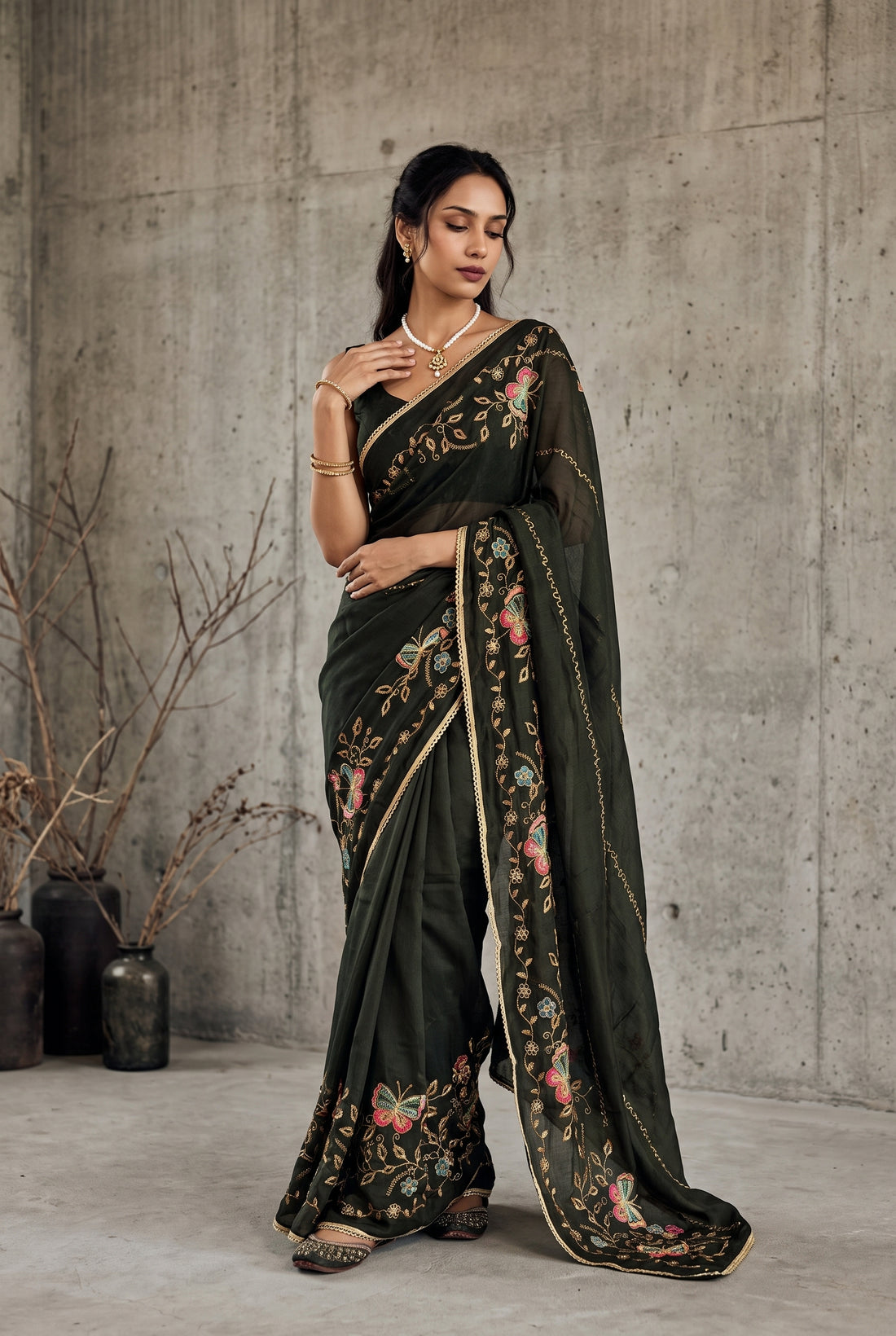 Star Georgette Saree with Floral Embroidery and Design