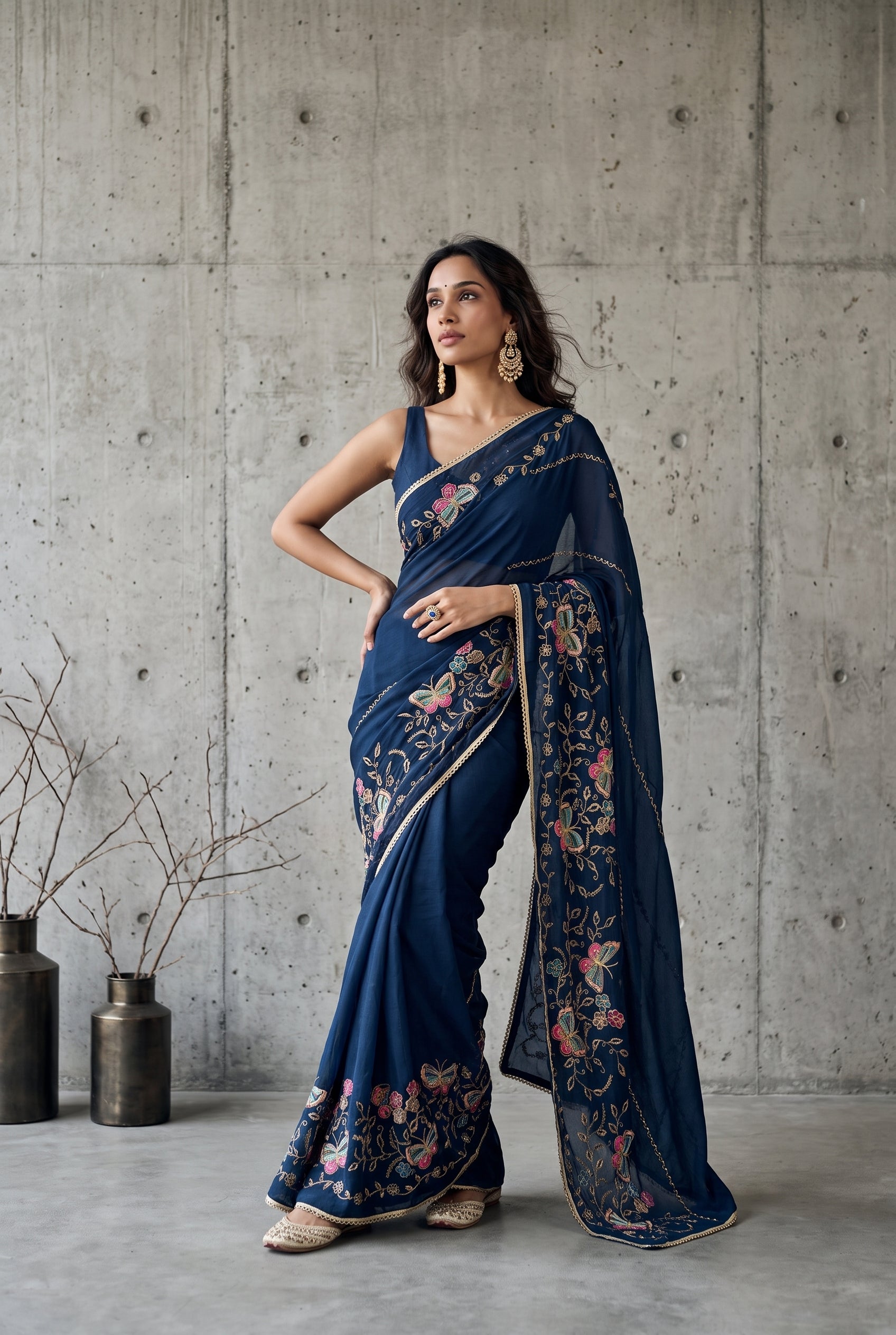 Star Georgette Saree with Floral Embroidery and Design