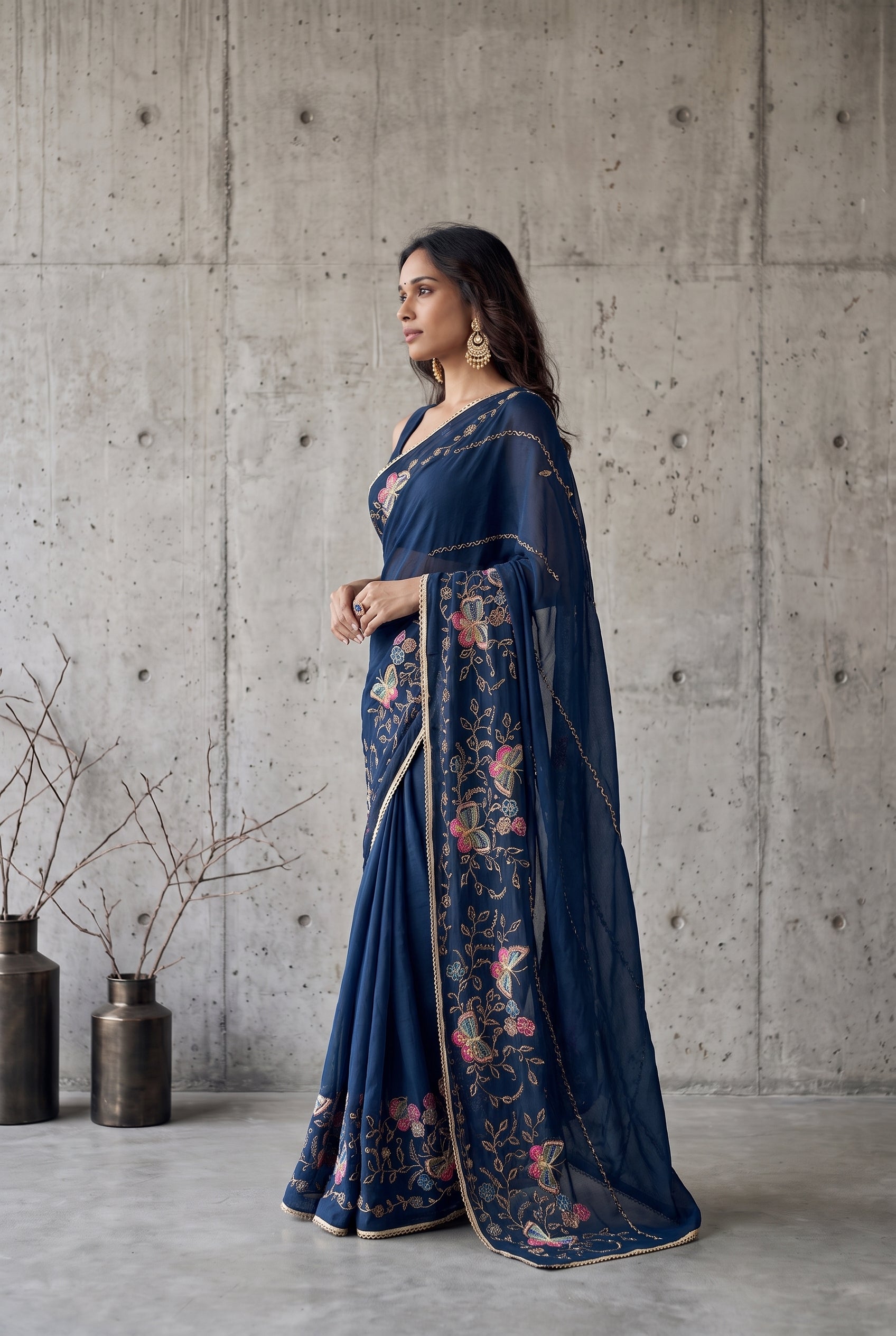 Star Georgette Saree with Floral Embroidery and Design