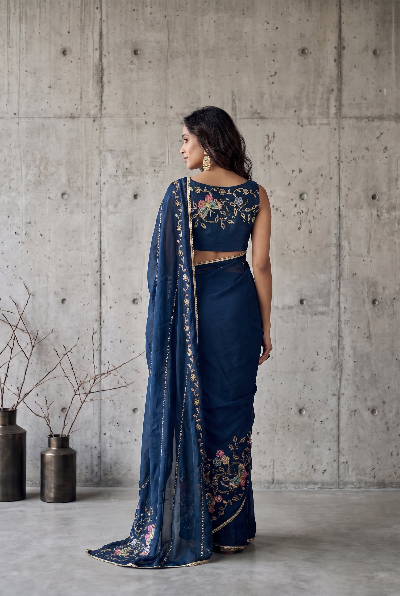 Star Georgette Saree with Floral Embroidery and Design