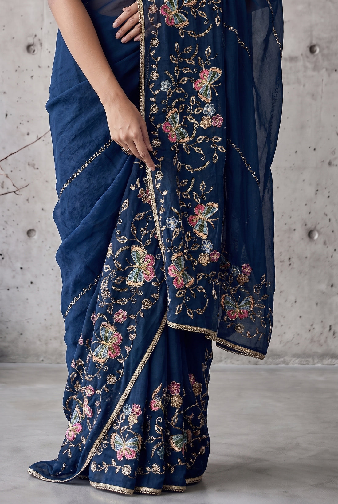 Star Georgette Saree with Floral Embroidery and Design