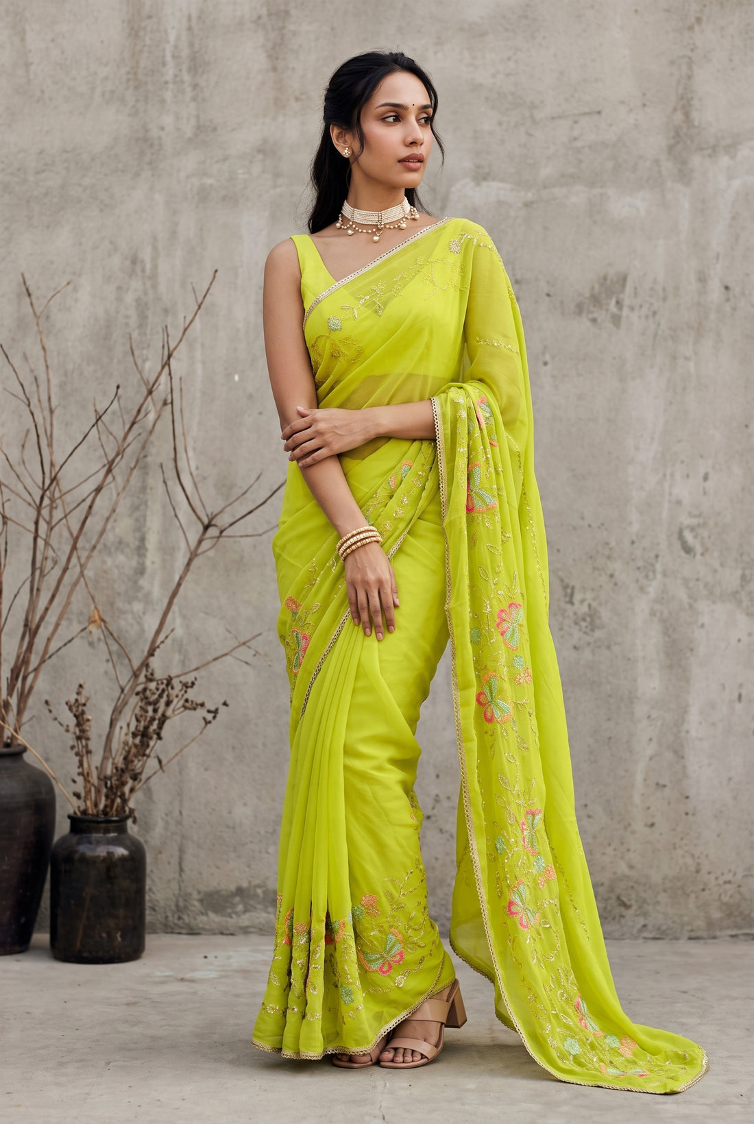 Star Georgette Saree with Floral Embroidery and Design