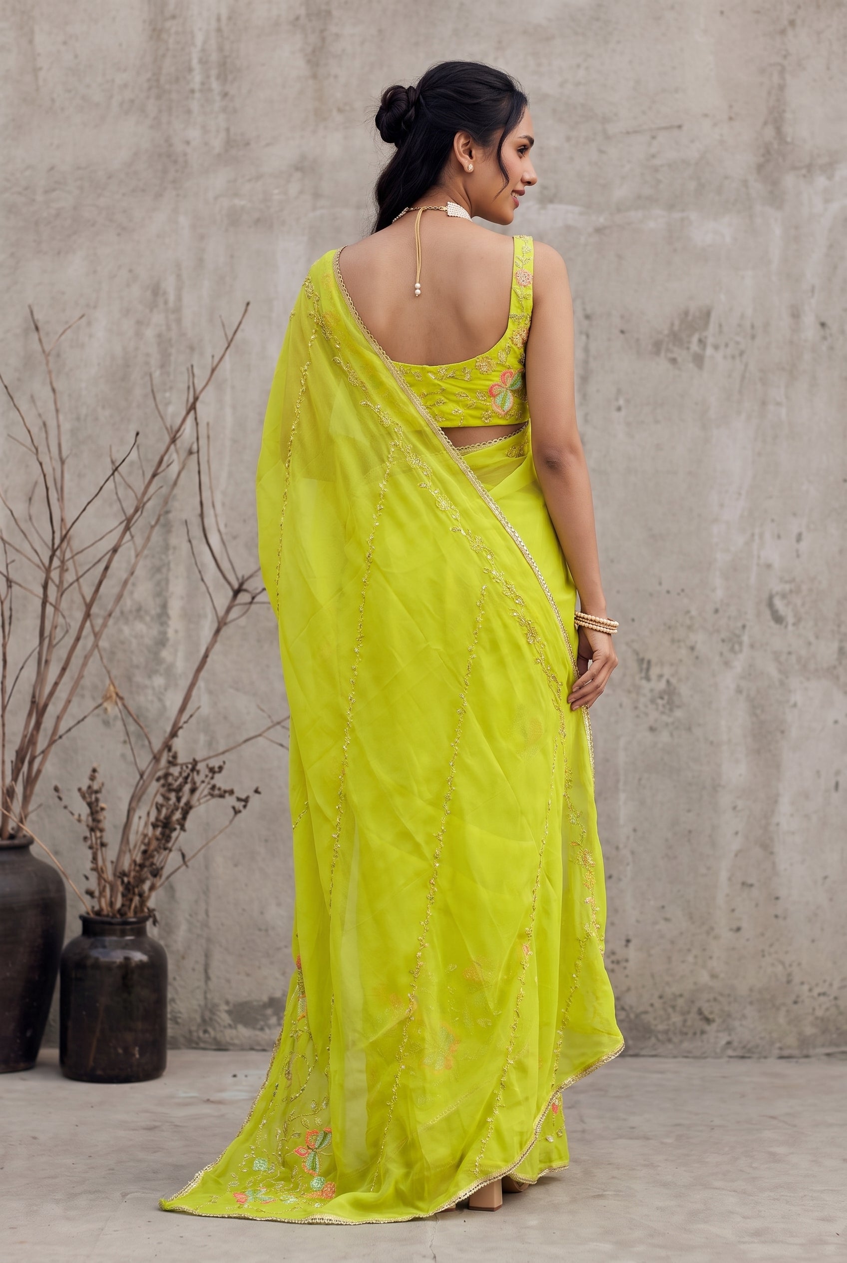 Star Georgette Saree with Floral Embroidery and Design