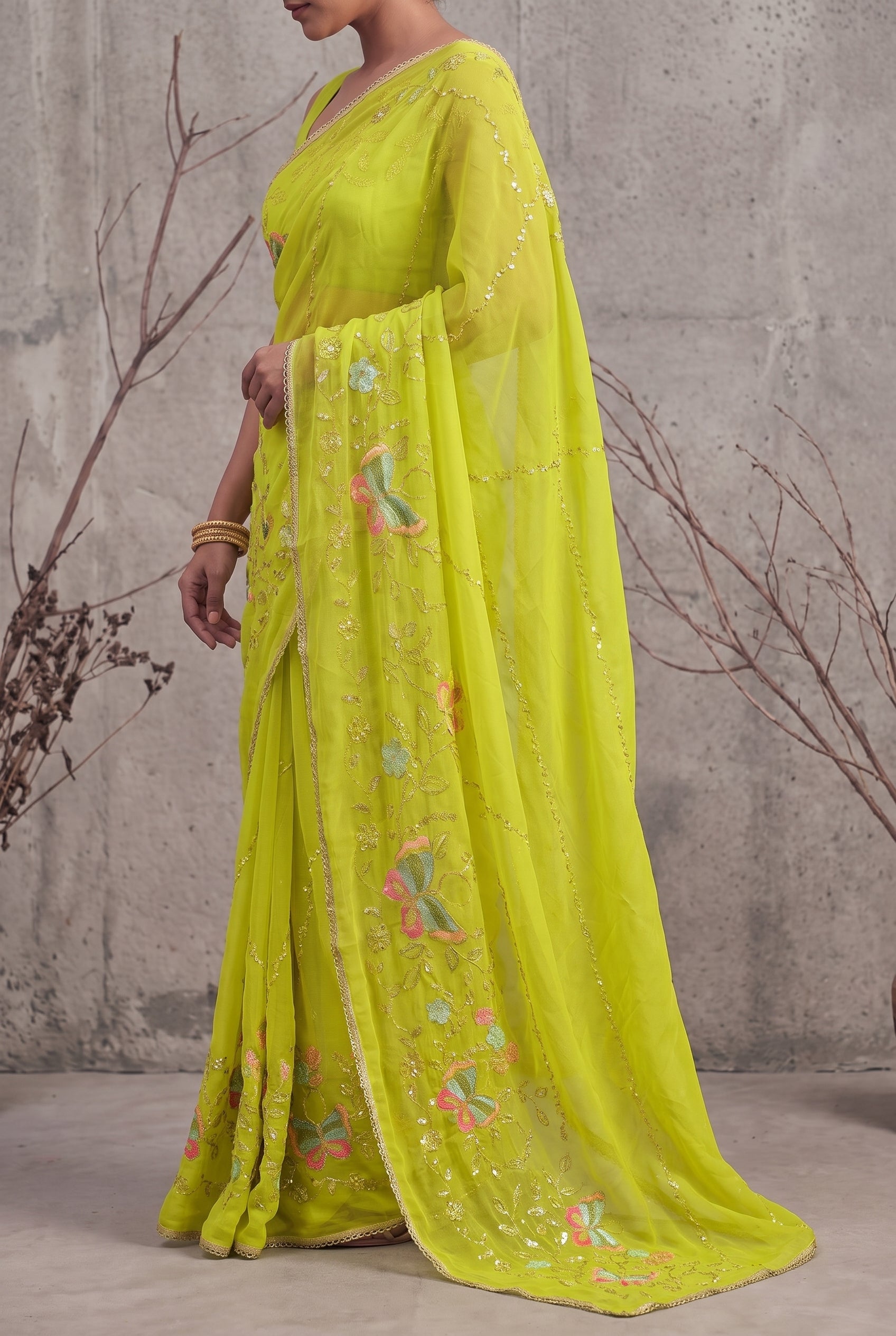 Star Georgette Saree with Floral Embroidery and Design