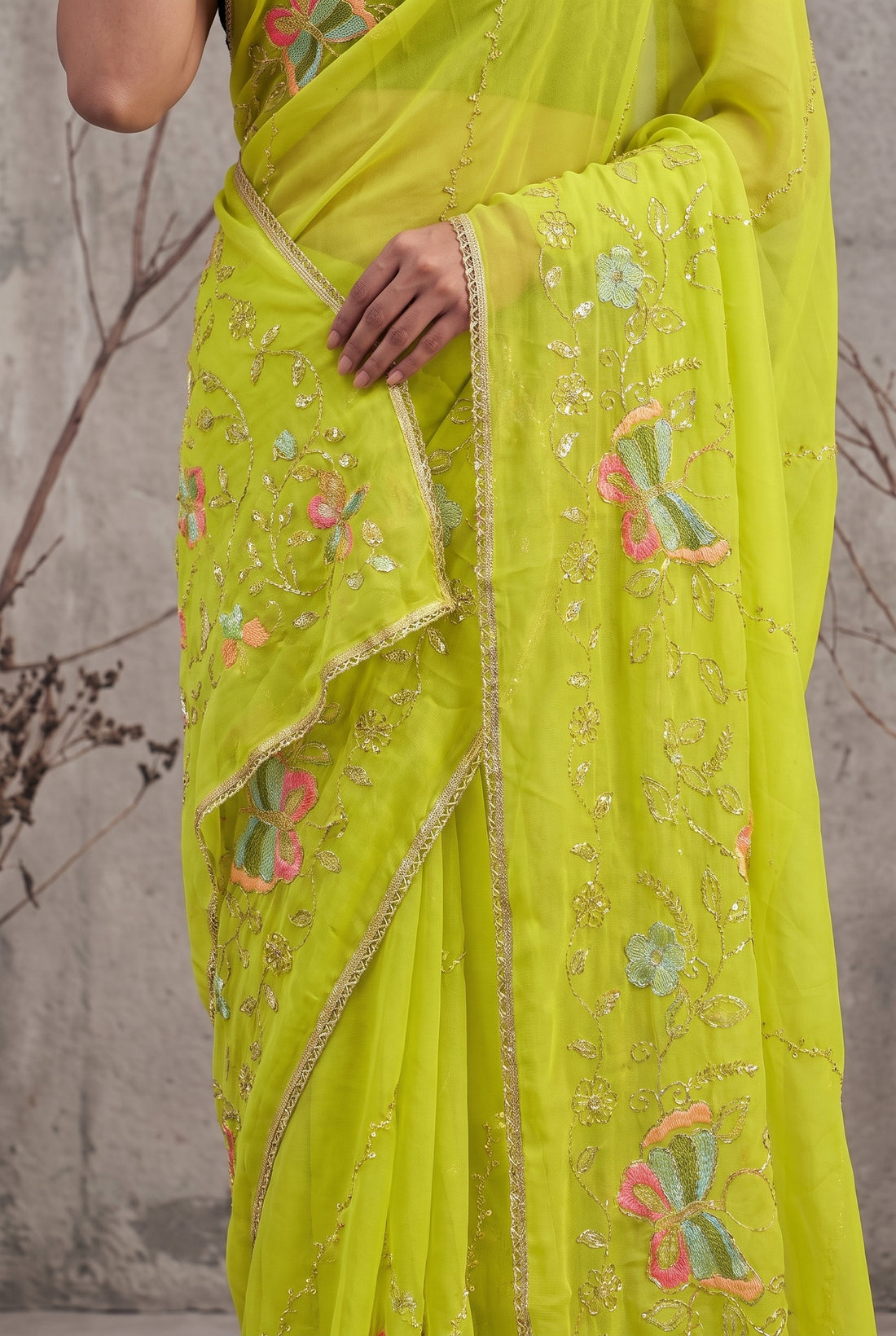 Star Georgette Saree with Floral Embroidery and Design