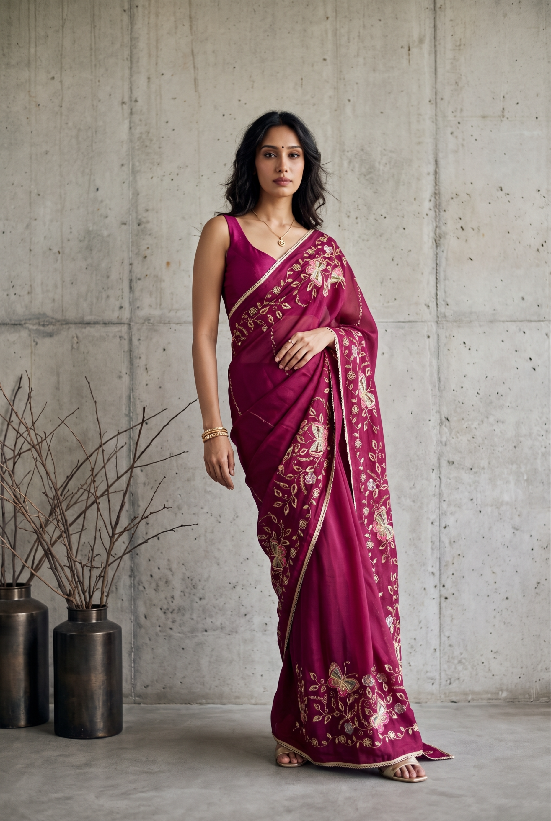 Star Georgette Saree with Floral Embroidery and Design