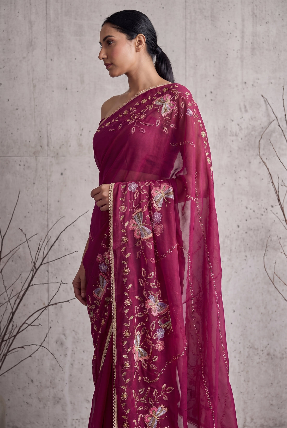 Star Georgette Saree with Floral Embroidery and Design