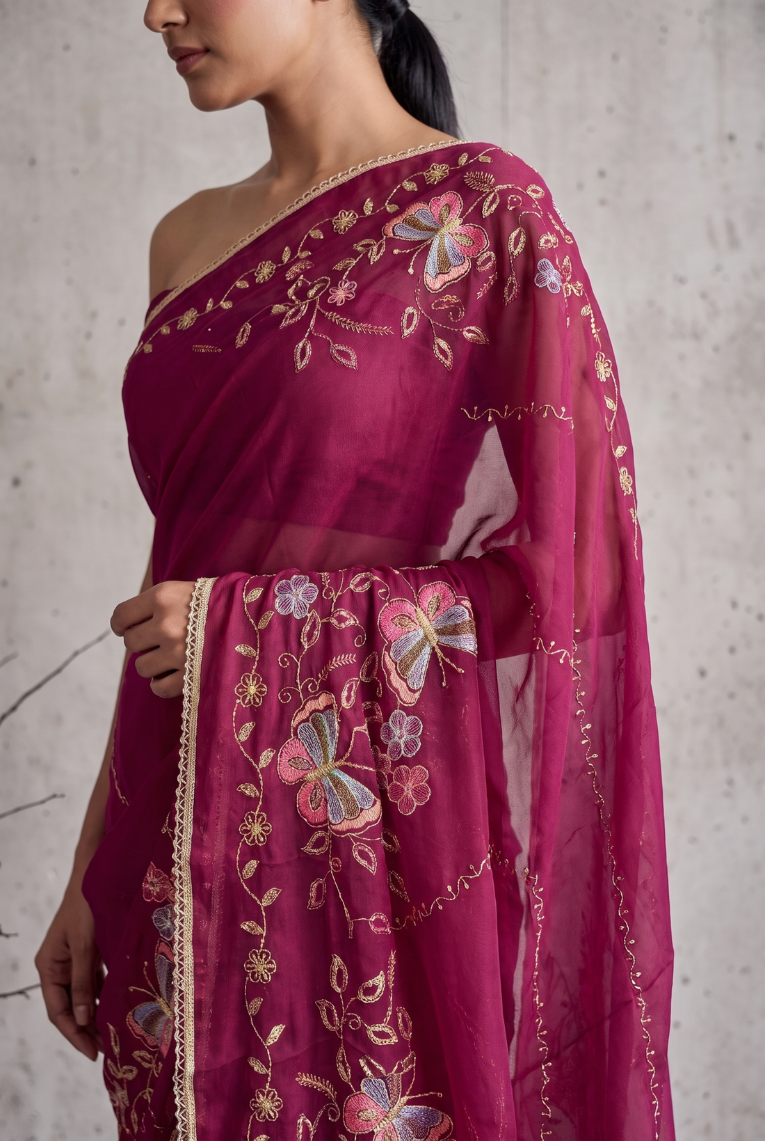 Star Georgette Saree with Floral Embroidery and Design