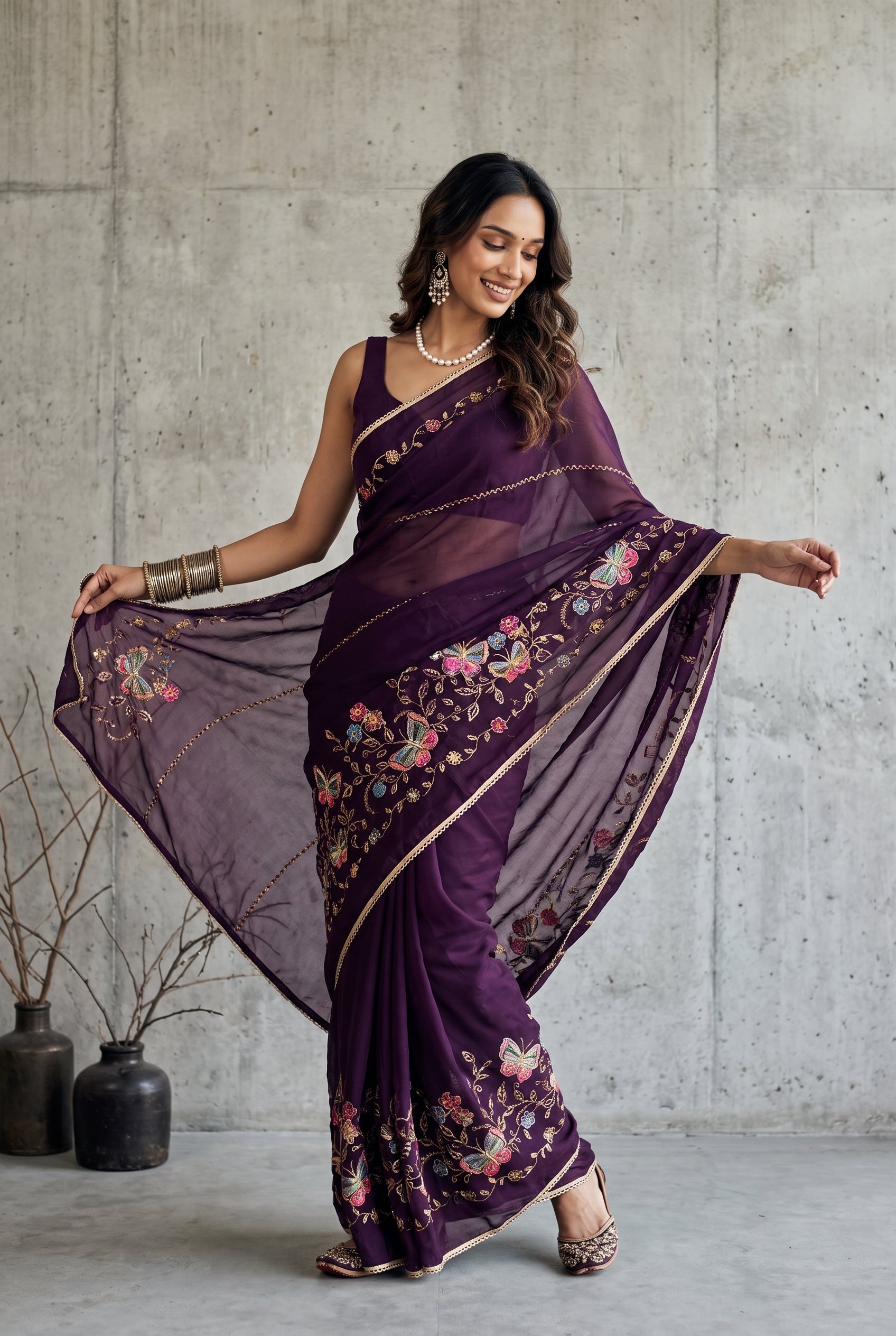 Star Georgette Saree with Floral Embroidery and Design